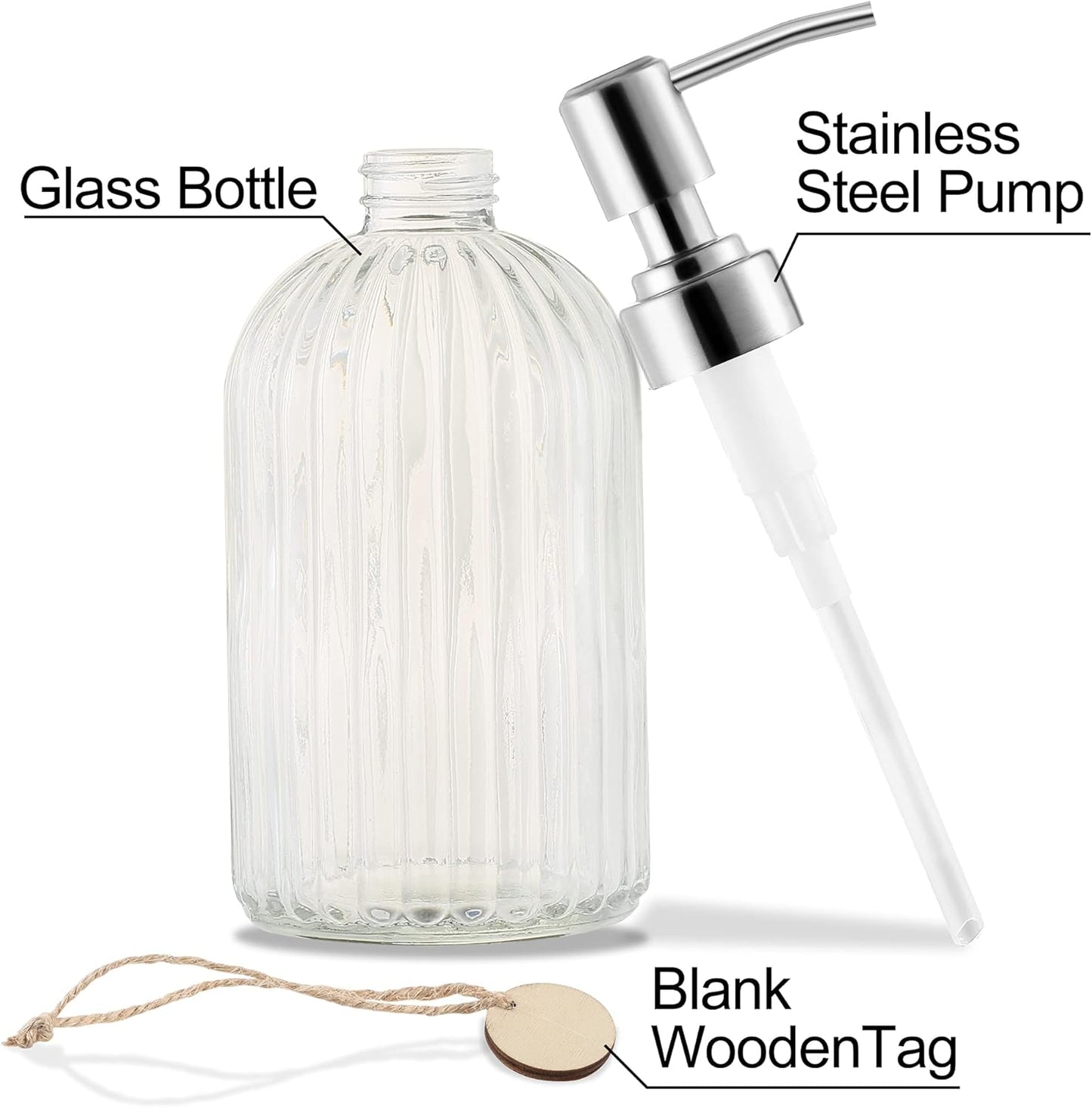 16 OZ Soap Dispenser，Tempered Glass Clear Vertical Stripe with 304 Rust Proof Stainless Steel Pump Refillable Liquid Hand Soap Dispenser，for Bathroom, Kitchen, Dish Soap，Lotion (Clear)
