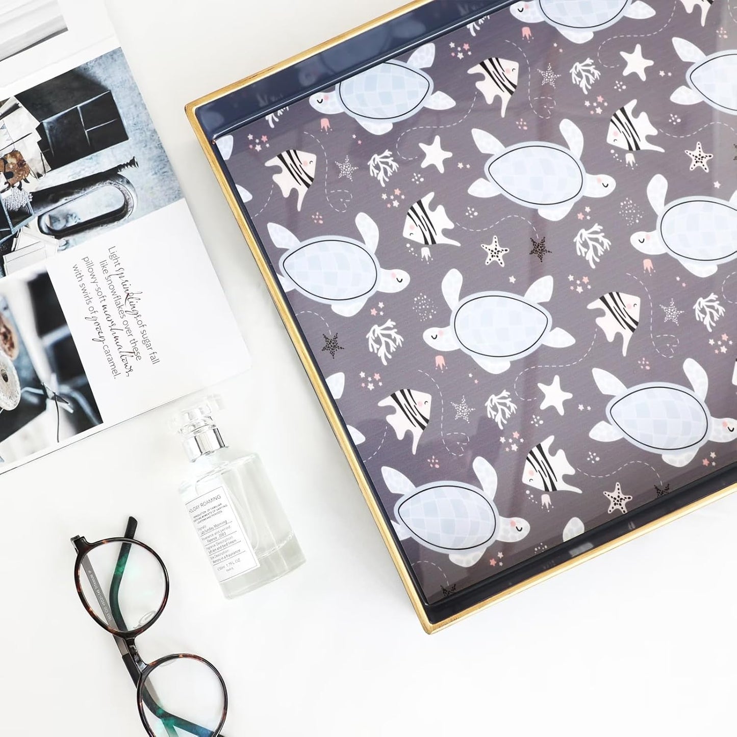 Spsyrine Decorative Serving Tray with Handles, Blue Lacquered Coffee Table Tray for Ottoman, Rectangle Waterproof Platters for Centerpieces, Parties, Living Room, Kitchen Counter Organization Turtle