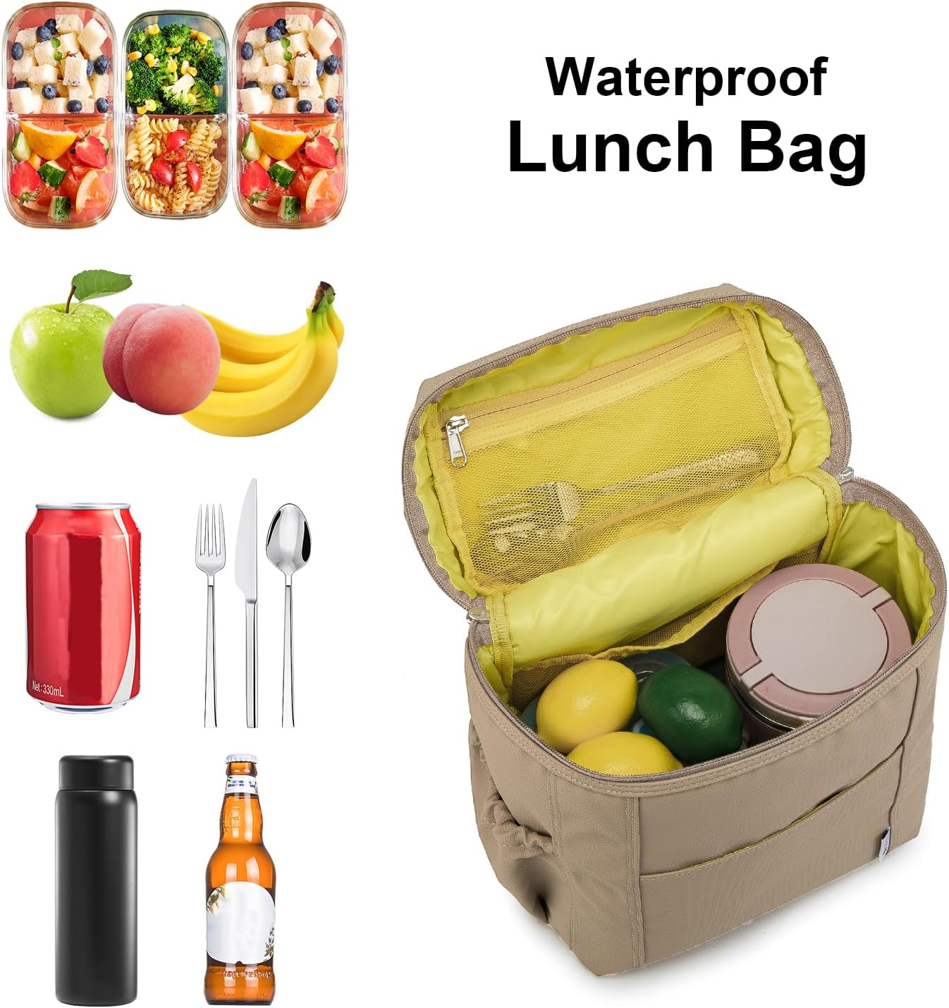 NOL Natural Organic Lifestyle Insulated Lunch Bags for Women Cooler Bag Lightweight Nylon Waterproof Lunch Box For Work (Khaki, Large)