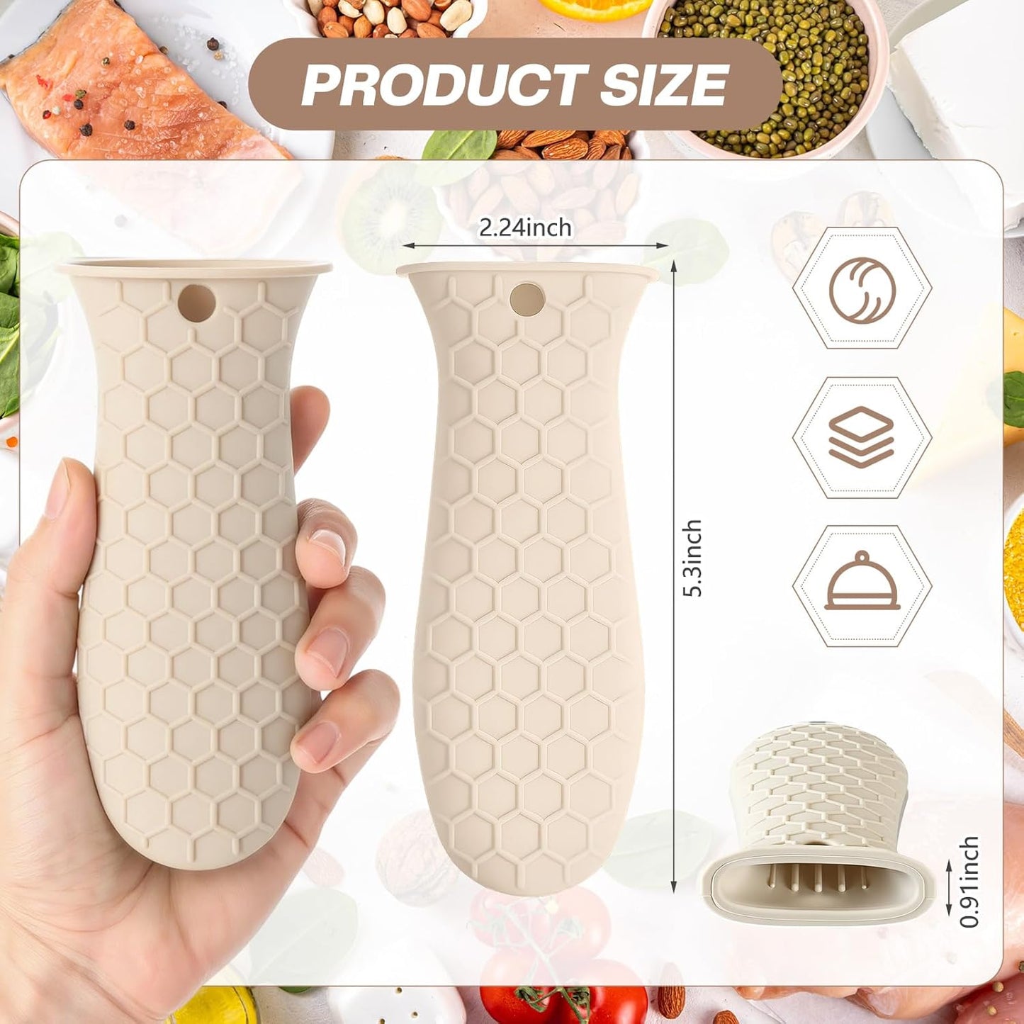 Patelai 2pcs Silicone Handle Cover for Cast Iron Skillet Kitchen Silicone Handles for Pots and Pans Non-Slip Pot Holder Sleeve for Fry Pan Griddles Metal Aluminum Cookware(Beige)