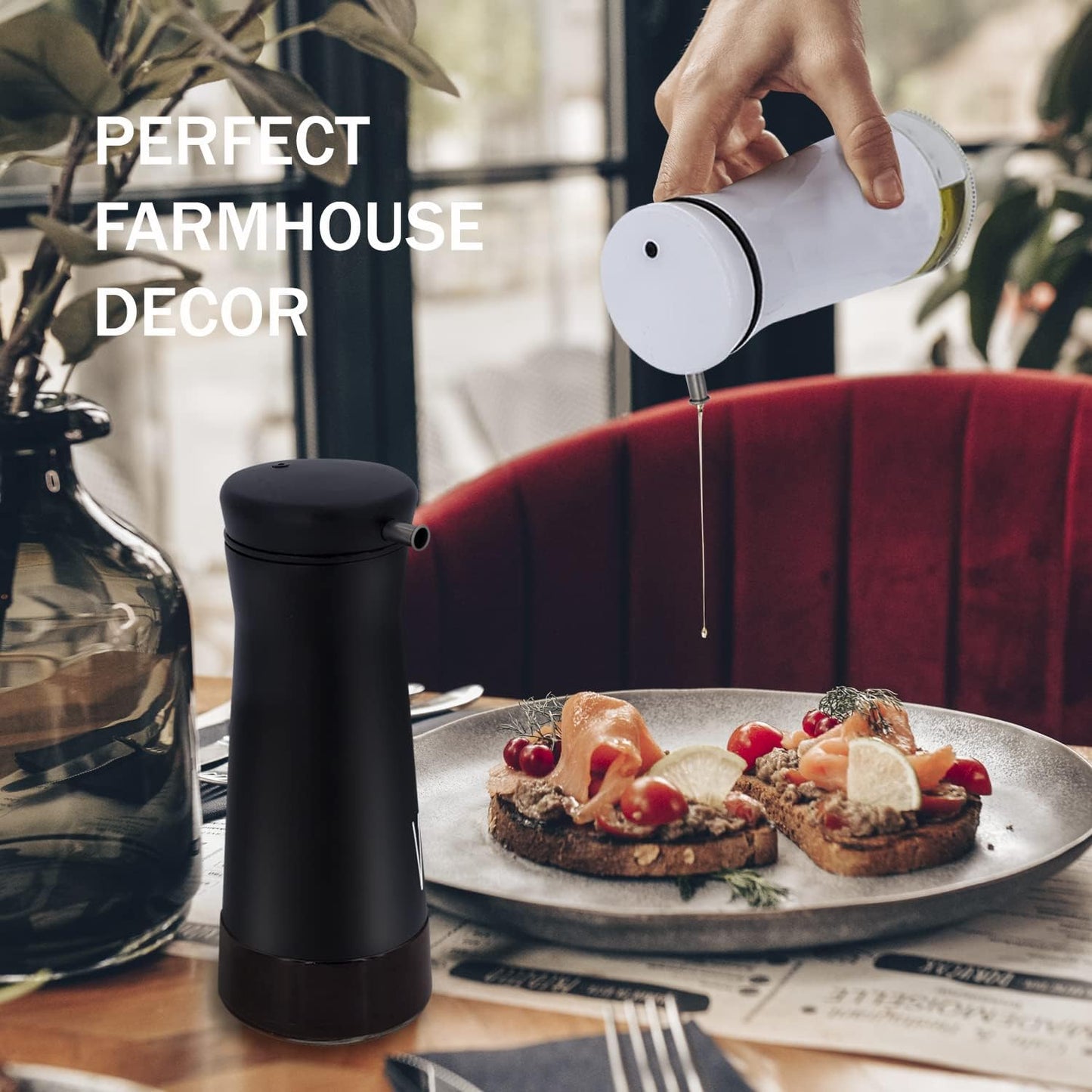 Aelga Black and White Oil And Vinegar Dispenser Set - 2 Pack Glass Oil Dispenser Bottle for Kitchen with No-Drip - Cute Farmhouse Kitchen Decor and Accessories for Home Restaurants