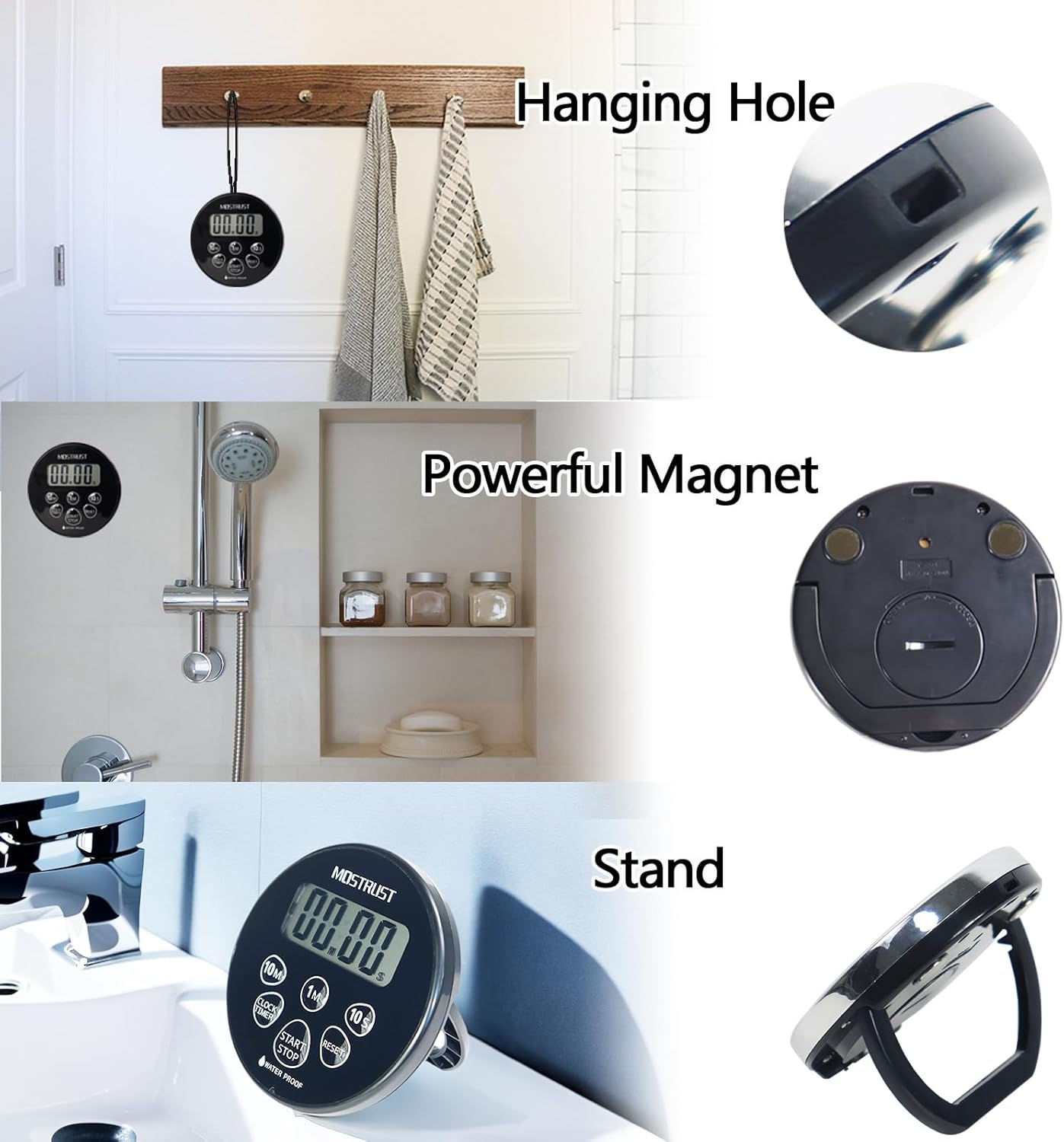 Digital Waterproof Shower Timer Clock, Bathroom Countdown Kitchen Cooking Timer with Alarm, Magnetic Back, Stand Silver Black