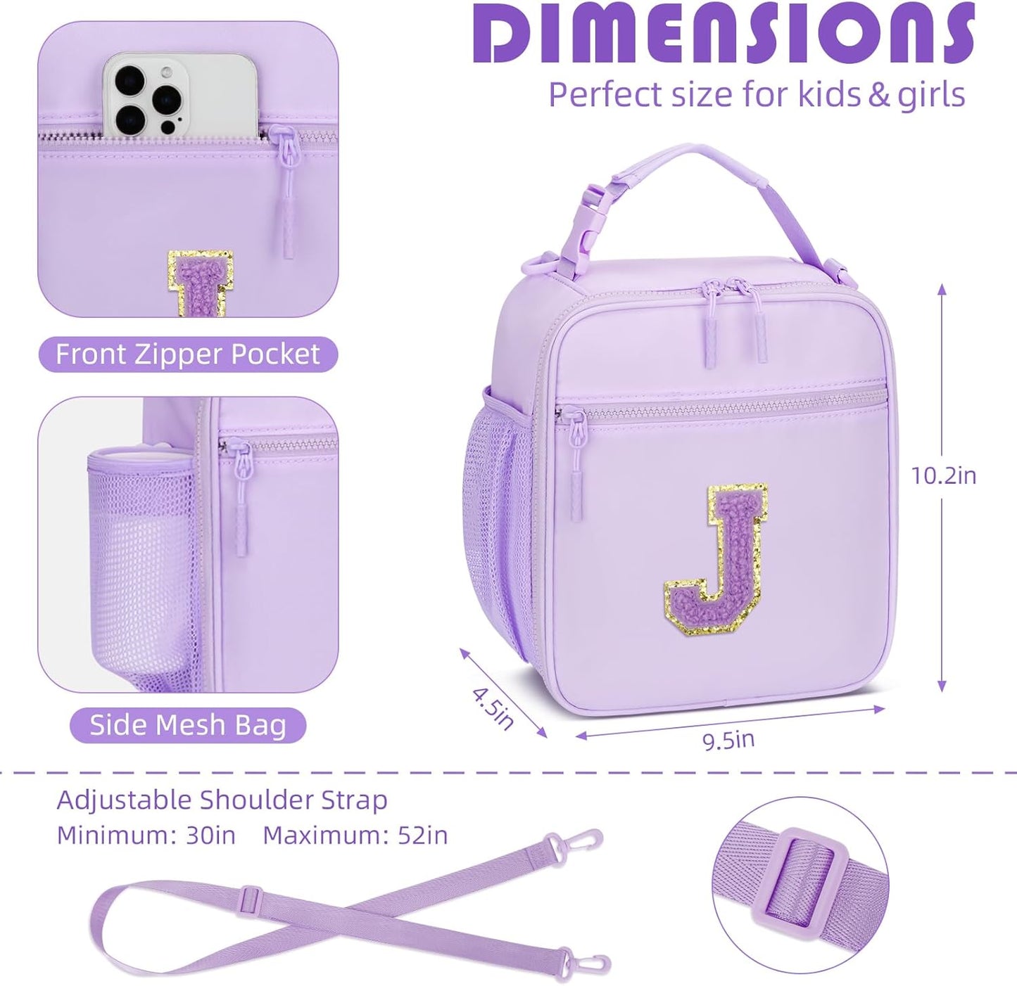 Initial Insulated Lunch Bag for Girls Kids, Back to School Gift, Reusable Leak-proof Lunch Box with Adjustable Strap for School Daycare Travel Picnic (Purple,J)