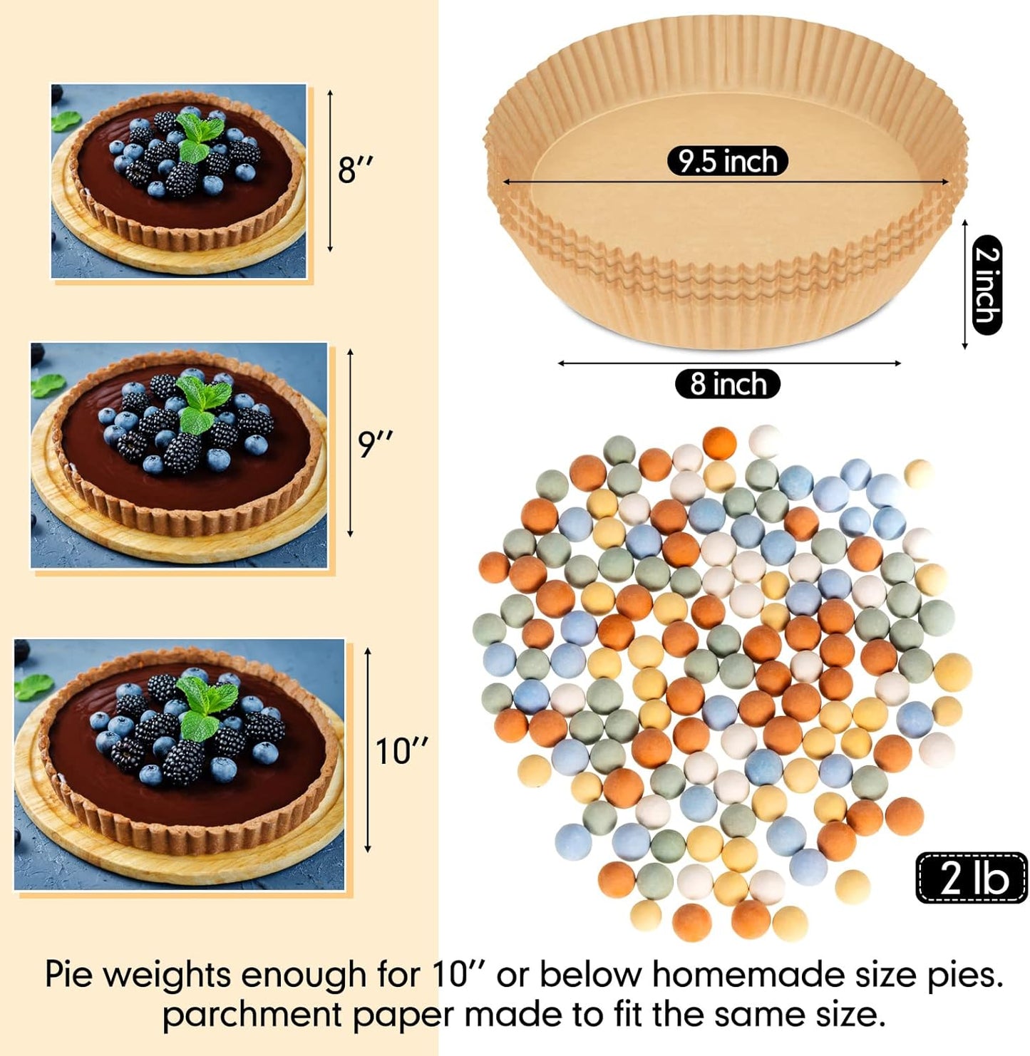 1 Pack Multi Color 2 lb Pie Weights for Baking Crust Ceramic Weights Blind Baking Beads with 50 Pcs Disposable Parchment Paper Pie Liner Fit 8,9,10 Inch Dish