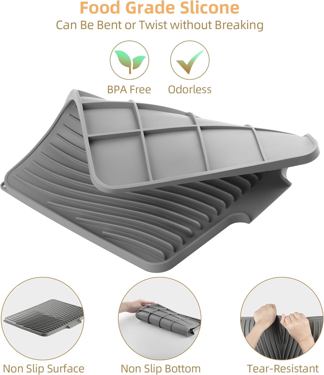 Fuyit Silicone Dish Drying Mat with Raised Drain Lip, Inclined Design, 16" x 13" Heat Resistant Non-Slip Mat for Kitchen Counter or Sink (Gray）