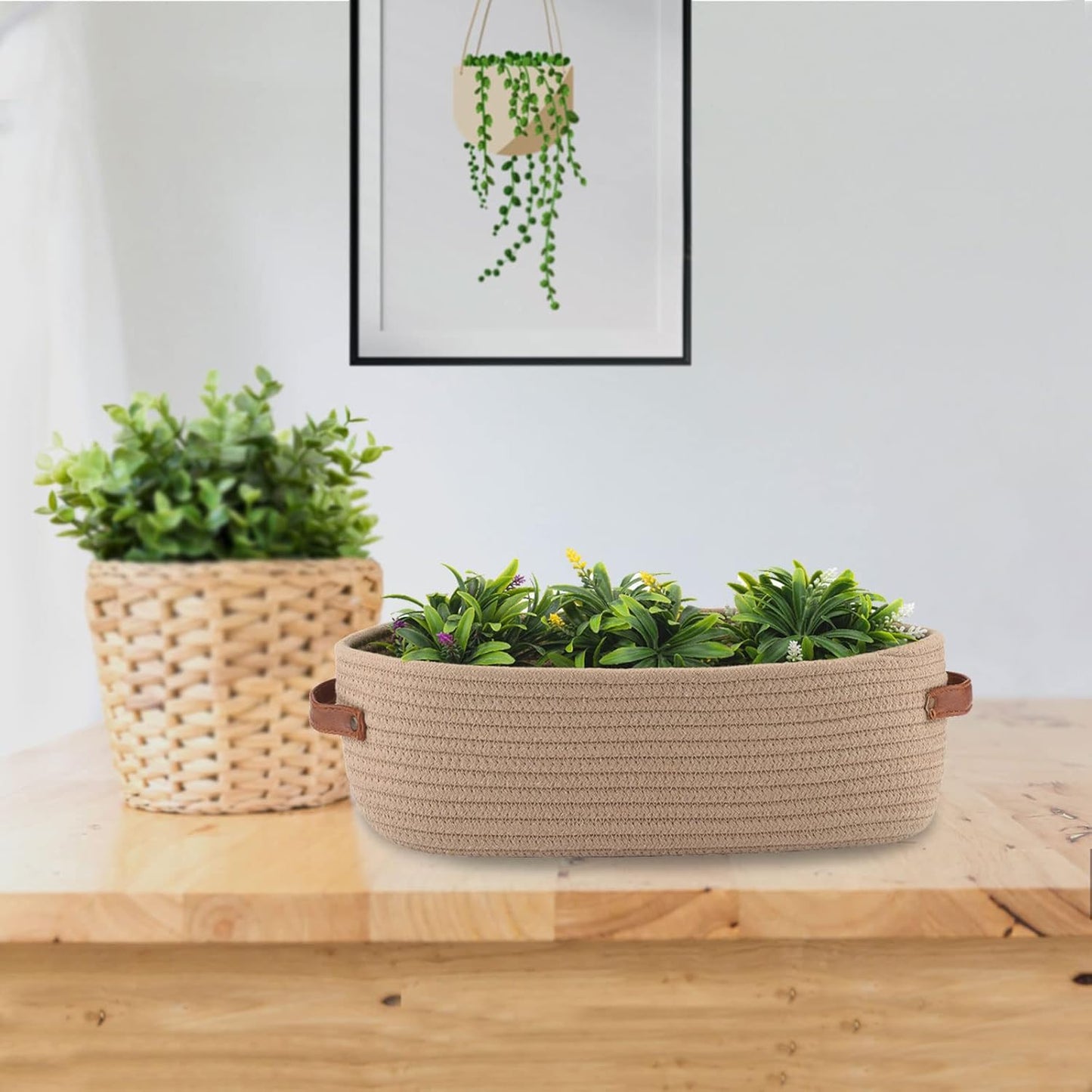 Set Of 2 Storage Basket Boho Decor Baskets for Organizing Woven Decorative Basket for Countertop Toilet Paper Basket for Toilet Tank Top Shelf Basket with Handle Khaki