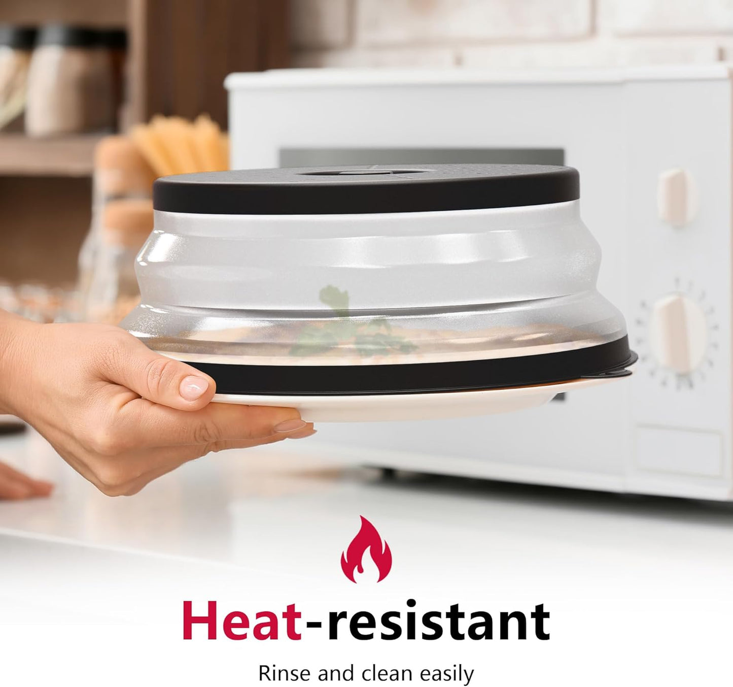 WVM Microwave Splatter Cover Vented for Food with Hook Hole, Splatter Guard & Colander Kitchen Gadget for Food, Meal Prep, Black