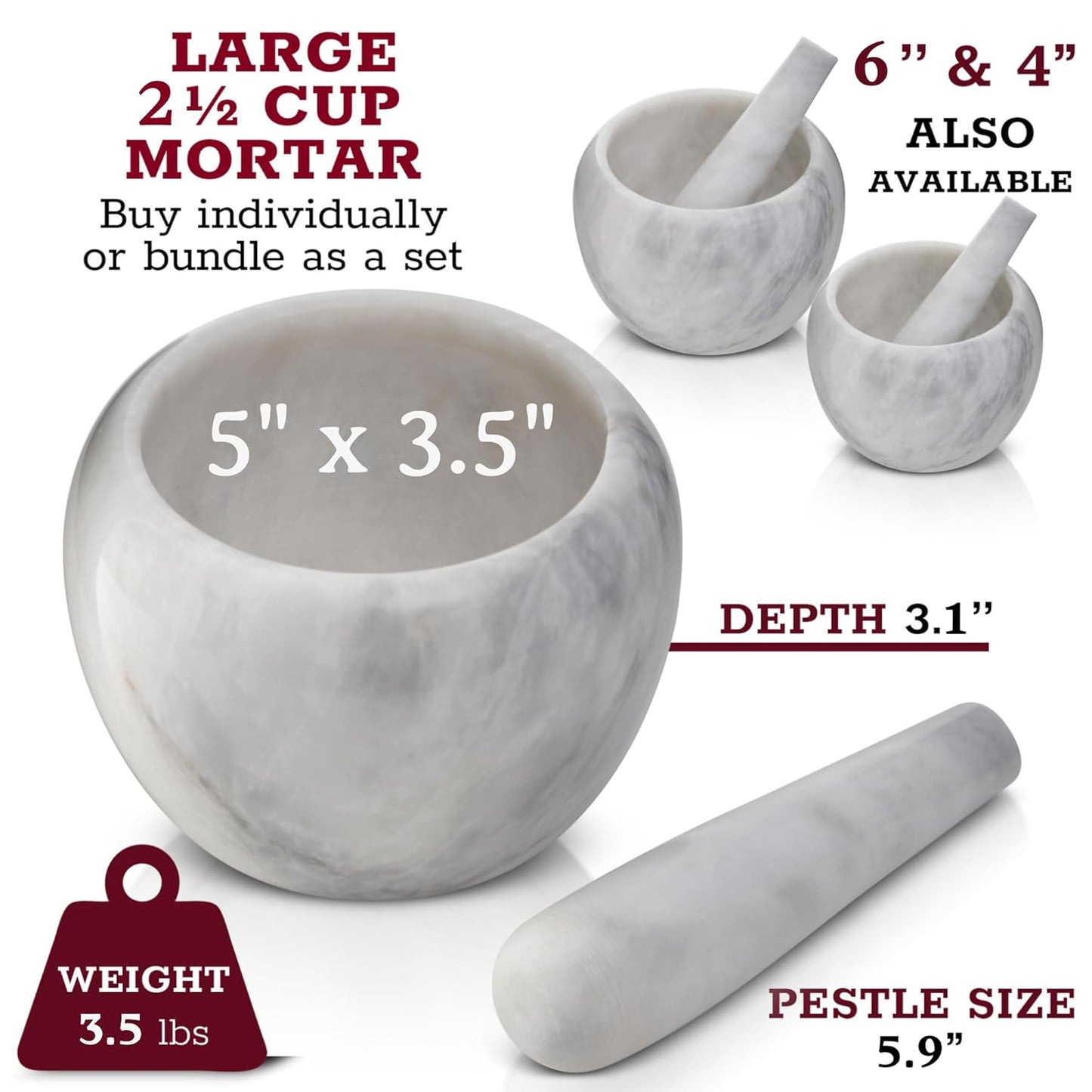 Gusto Nostro Natural Marble Mortar and Pestle Set | 5 Inch - 2.5 Cup Large Mortar Pestle Set for Grinding Herbs, Nuts, Grains | Pesto Grinding and Guacamole Stone Bowl | Marble Spice Crusher