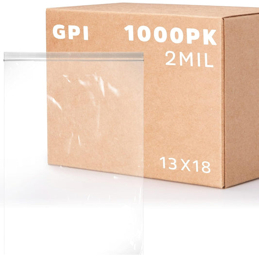 GPI Case of 1000, 13" x 18" Clear Plastic Reclosable Zip Bags - Bulk 2 Mil Thick Strong & Durable Poly Baggies with Resealable Zip Top Lock for Travel, Storage, Packaging & Shipping.