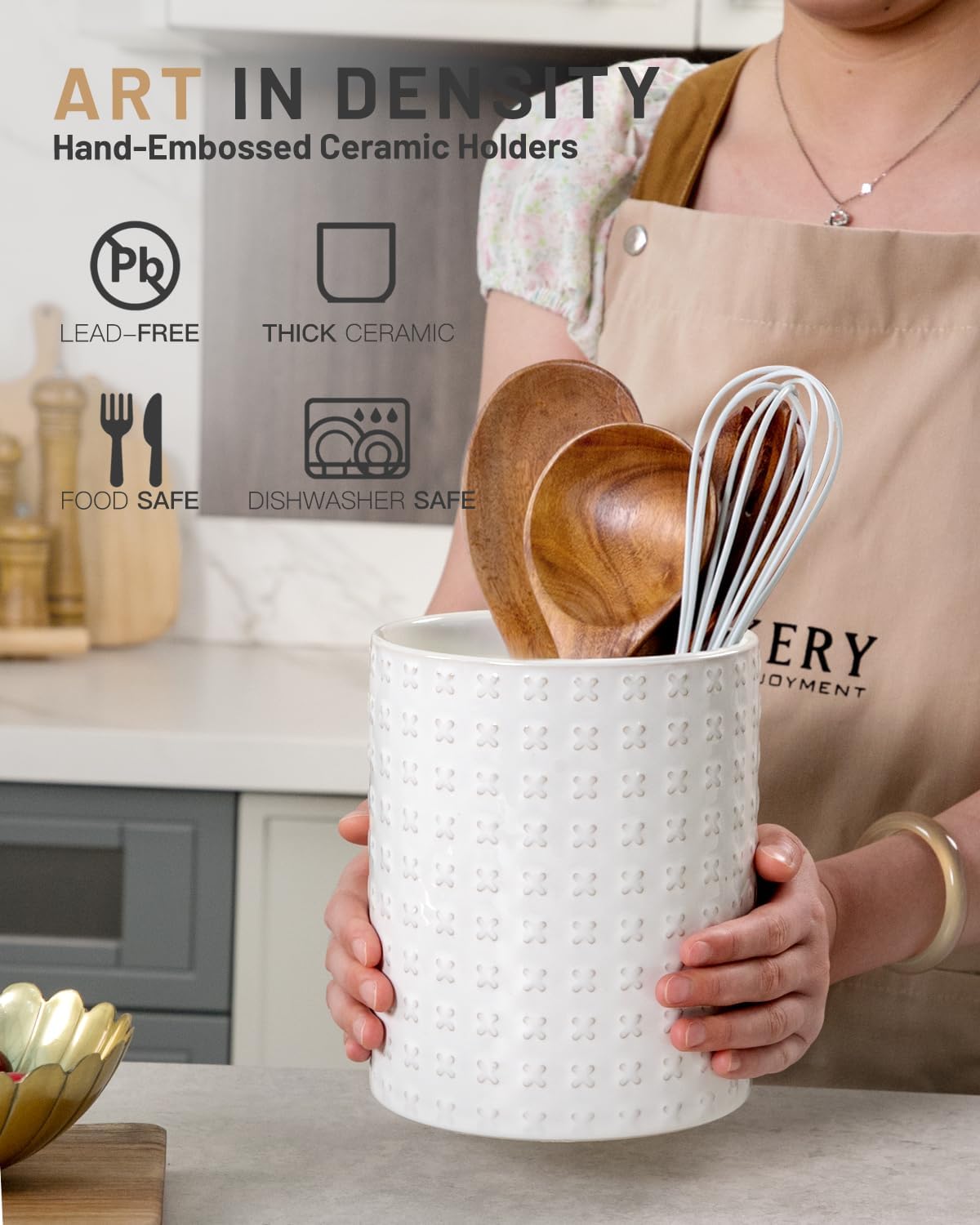 Nucookery 6.4'' Utensil Holder - Ceramic Utensil Holder for Kitchen Counter, Large Capacity Countertop Storage, Farmhouse Style Utensil Crock Organizer for Spoons, Spatulas & Cooking Tools