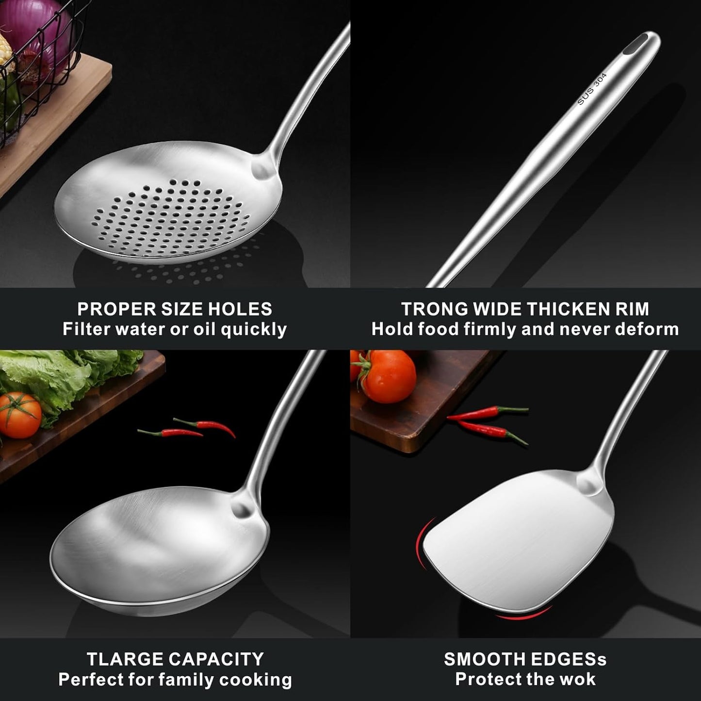 Wok Utensils Tools for Carbon Steel, Stainless Steel Wok Spatula Set, 4-Pieces 17inch Extra Long, Metal Heat Resistant Handle, Skimmer, Soup Ladle, Slotted Turner, Ideal for Gift