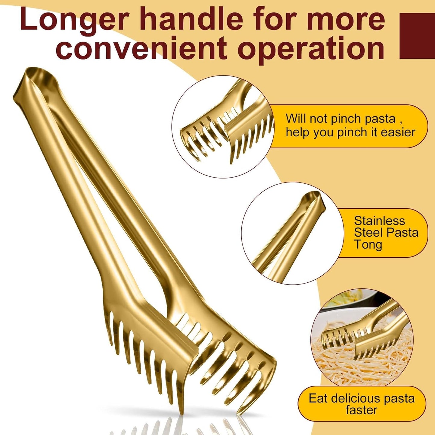 Patelai 2 Pcs Stainless Steel Pasta Spoon with Teeth Large Spaghetti Utensil, 9.4'' Tong and 13.6'' Pasta Fork with Vacuum Handle, Comfortable Grip Design Spoons for Kitchen