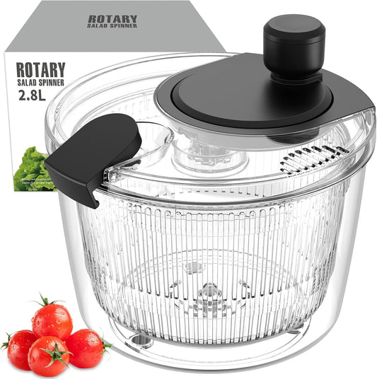 Ourokhome Salad Spinner Lettuce Dryer, Hand-crank Rotary Vegetable Dryer Veggie Washer with Transparent Bowl and Colander for Greens, Herb, Berry, Fruits, Macaroni, 2.8 QT, Black
