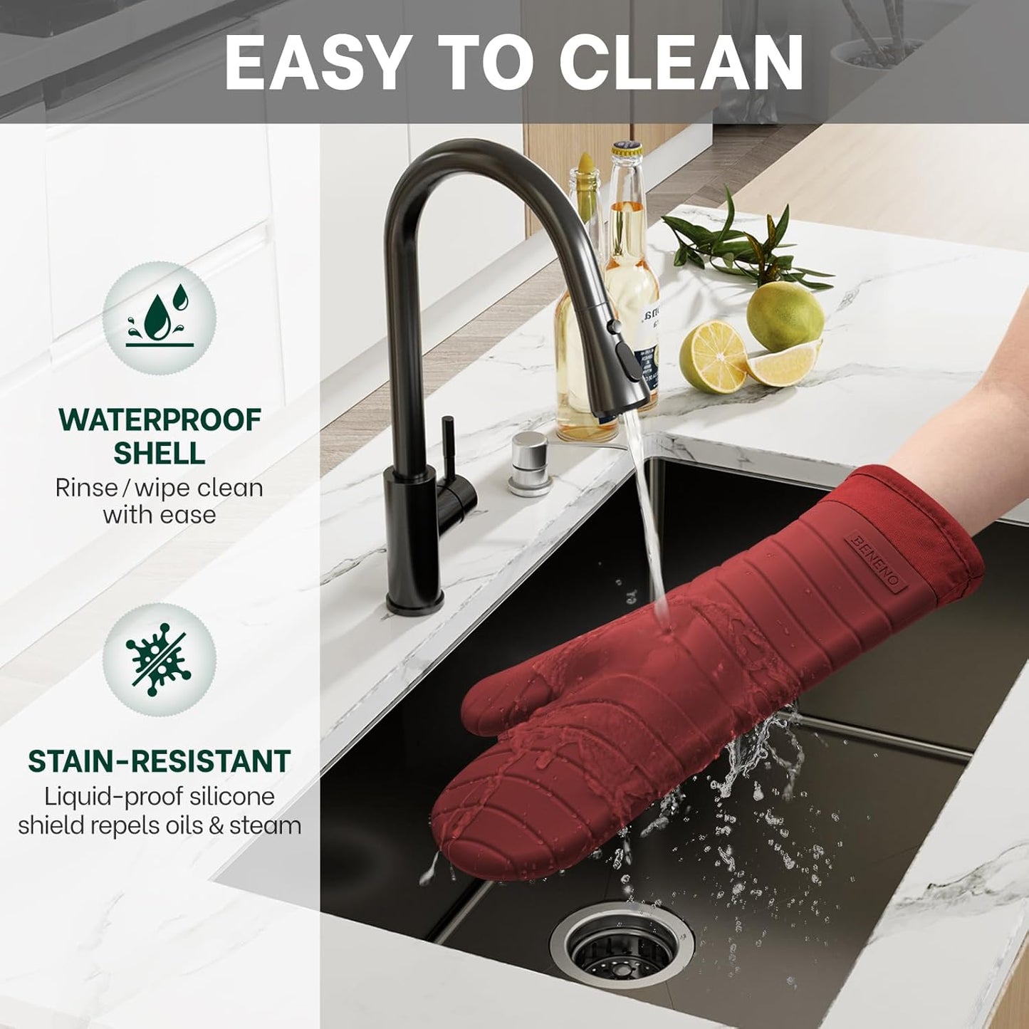 Beneno BPA-Free Silicone Oven Mitts, Heat Resistant Waterproof Oven Mitts with Non-Slip Textured Grip, Comfortable Quilted Lining, Kitchen Pot Holders for Cooking, Baking, Grilling, 7"x13", 2Pcs Red