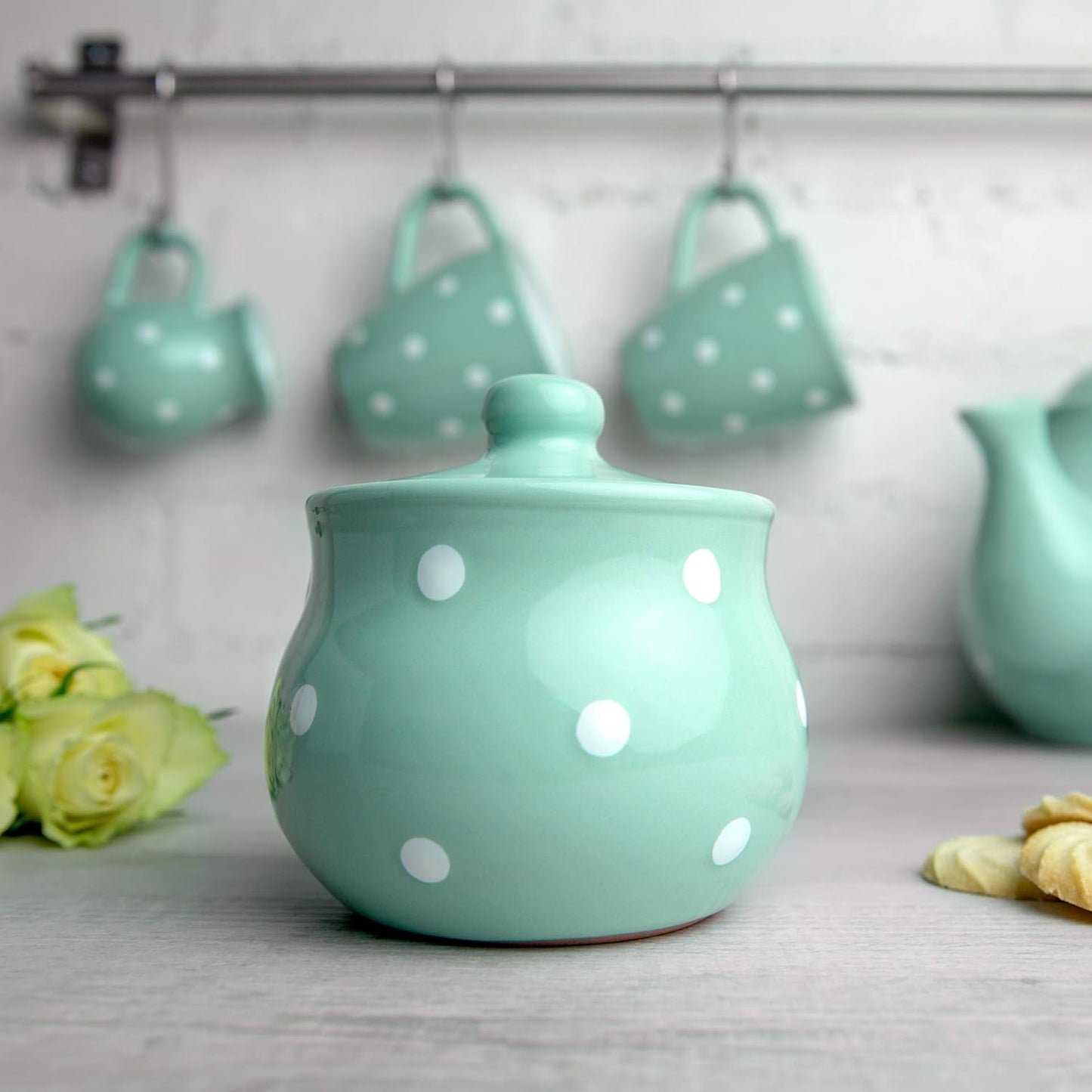 City to Cottage Ceramic Sugar Bowl with Lid, 10oz Sugar Contanier for Coffee Bar, Sugar Dispenser Bowl, Salt - Condiment Pot for Kitchen Counter, Handcrafted turquoise Blue Polka Dot Sugar Jar