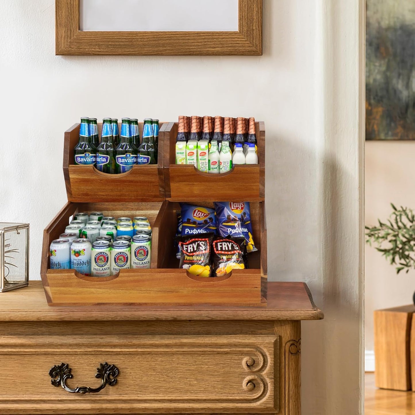 3 in 1 Acacia Wood Pantry Storage Bins for Kitchen（No installation Required）-Potato and Onion Storage Bins，2-tier Vegetable and Fruit Organizer with Anti-slip Mat，Stacking Bins for Kitchen & Pantry