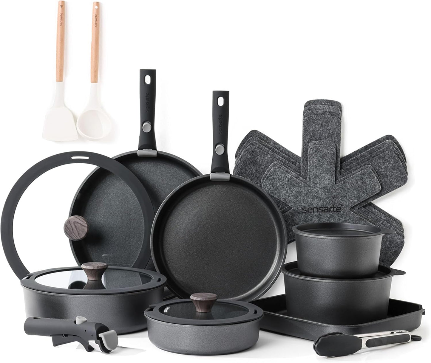 SENSARTE 24 Piece Pots and Pans Set, Nonstick Detachable Handle Cookware, Induction Kitchen Cookware Set with Removable Handle, Healthy Non Stick for RV, Dishwasher＆Oven Safe (Black)