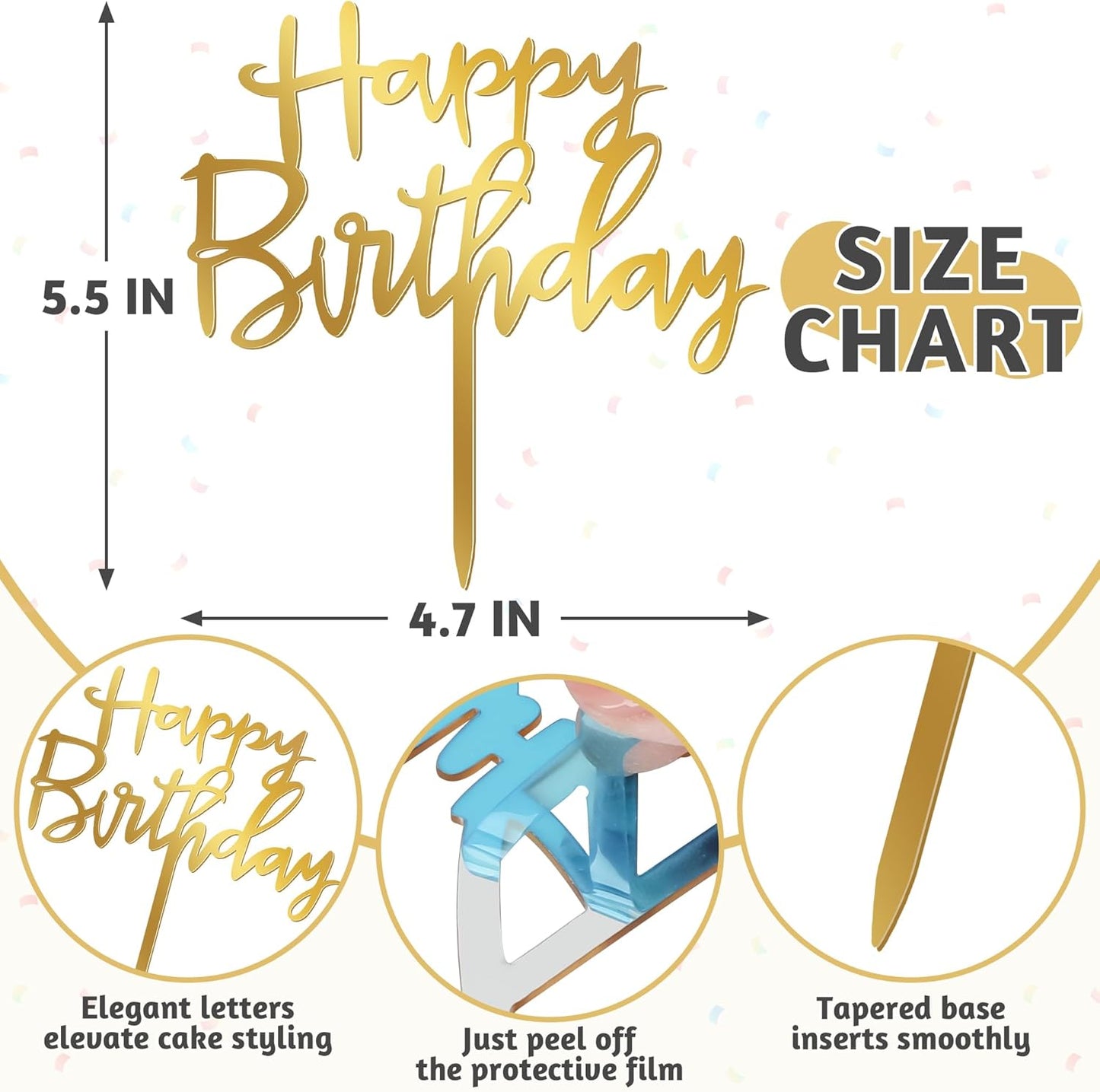 1PCS Gold Happy Birthday Cake Topper, 4.7 x 5.5 Inches Birthday Cake Decorations, Glitter Mirror Acrylic Cake Topper for Birthdays, Anniversaries, or Milestone Celebrations