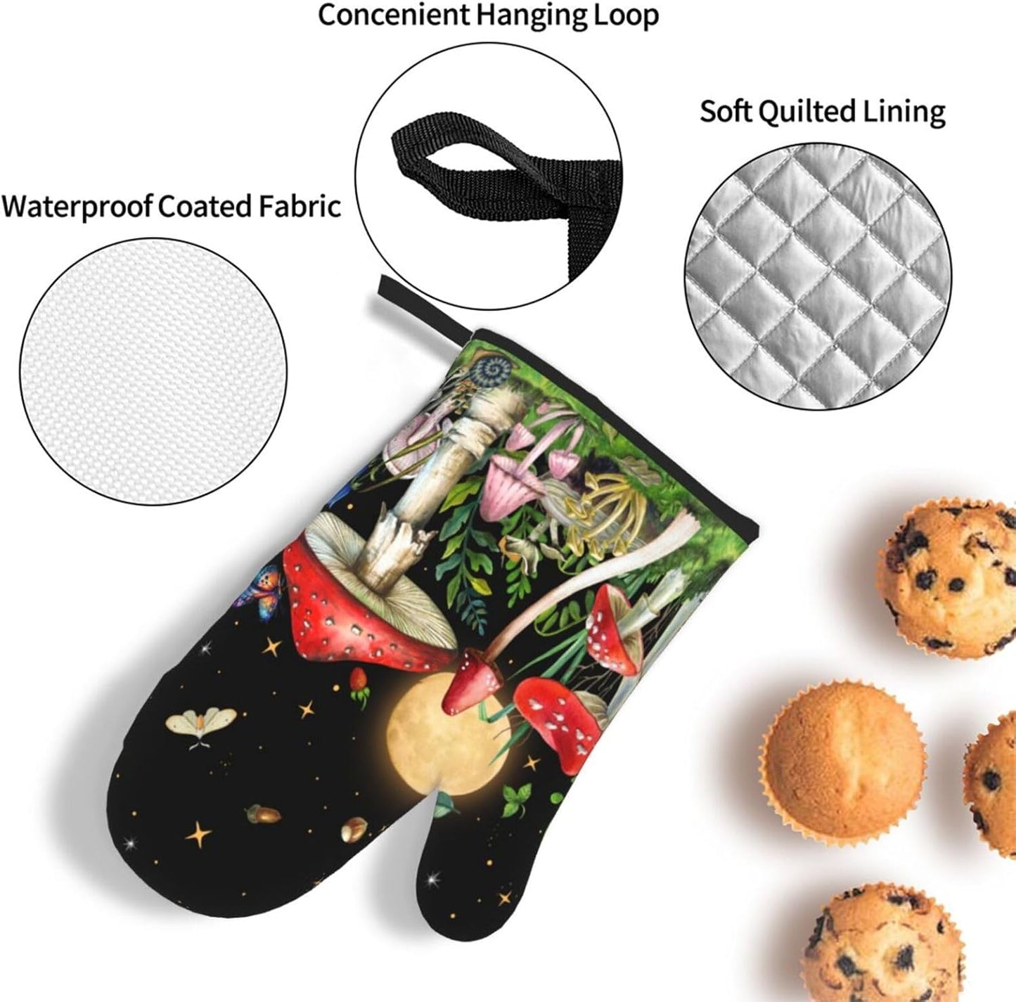 Cute Mushroom Oven Mitts and Pot Holders Sets of 3 Holiday Kitchen Decor Heat Resistant Witchy Hot Pads Oven Gloves for Cooking Grilling Baking