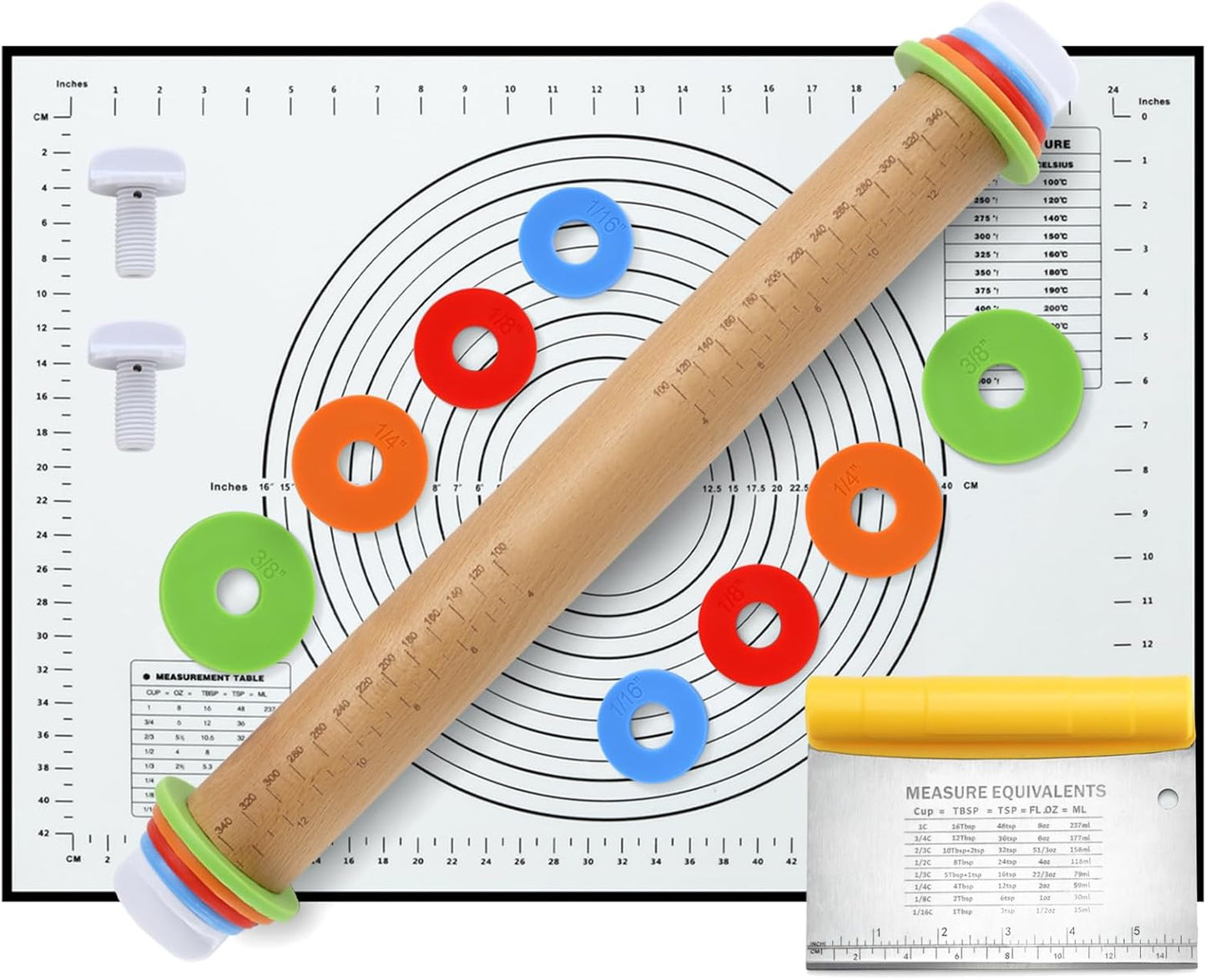 Unokit Rolling pin 3-Piece Set, 17.5" Rolling Pin with Adjustable Thickness Rings, Wooden Dough Roller, Rolling Pins for Baking Pizza, Pasta, Bread - Baking Essentials