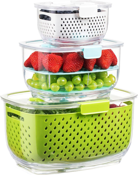 LUXEAR Fresh Produce Vegetable Fruit Storage Containers 3Piece Set, BPA-free Fridge Storage Container, Partitioned Salad Container, Fridge Organizers, Used in Storing Fruits Vegetables, Green