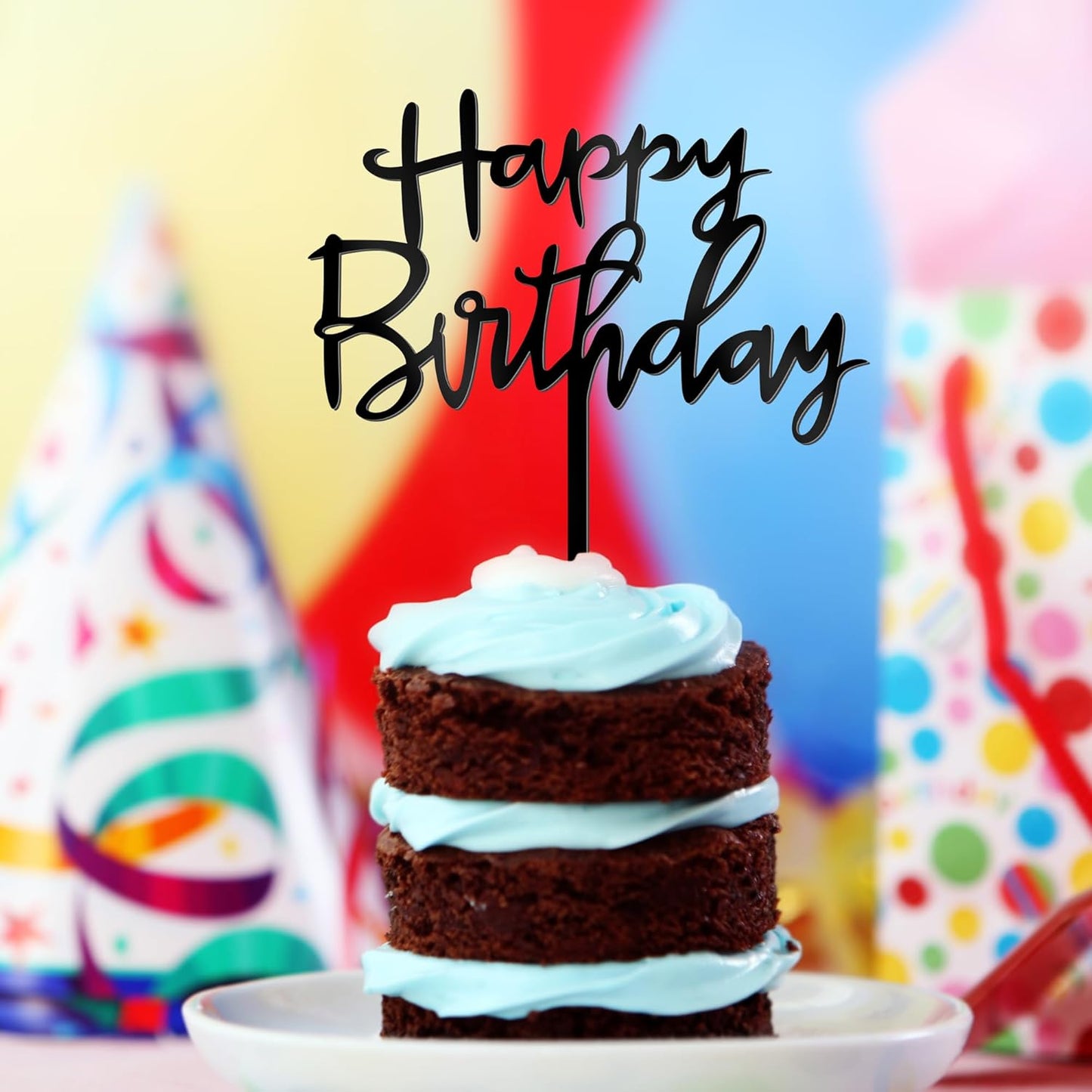 1PCS Acrylic Cake Topper, 4.7 Inches x 5.5 Inches Happy Birthday Cake Topper, Black Birthday Cake Decorations Flower Arrangements Sign for Baby Shower, Anniversary Decor