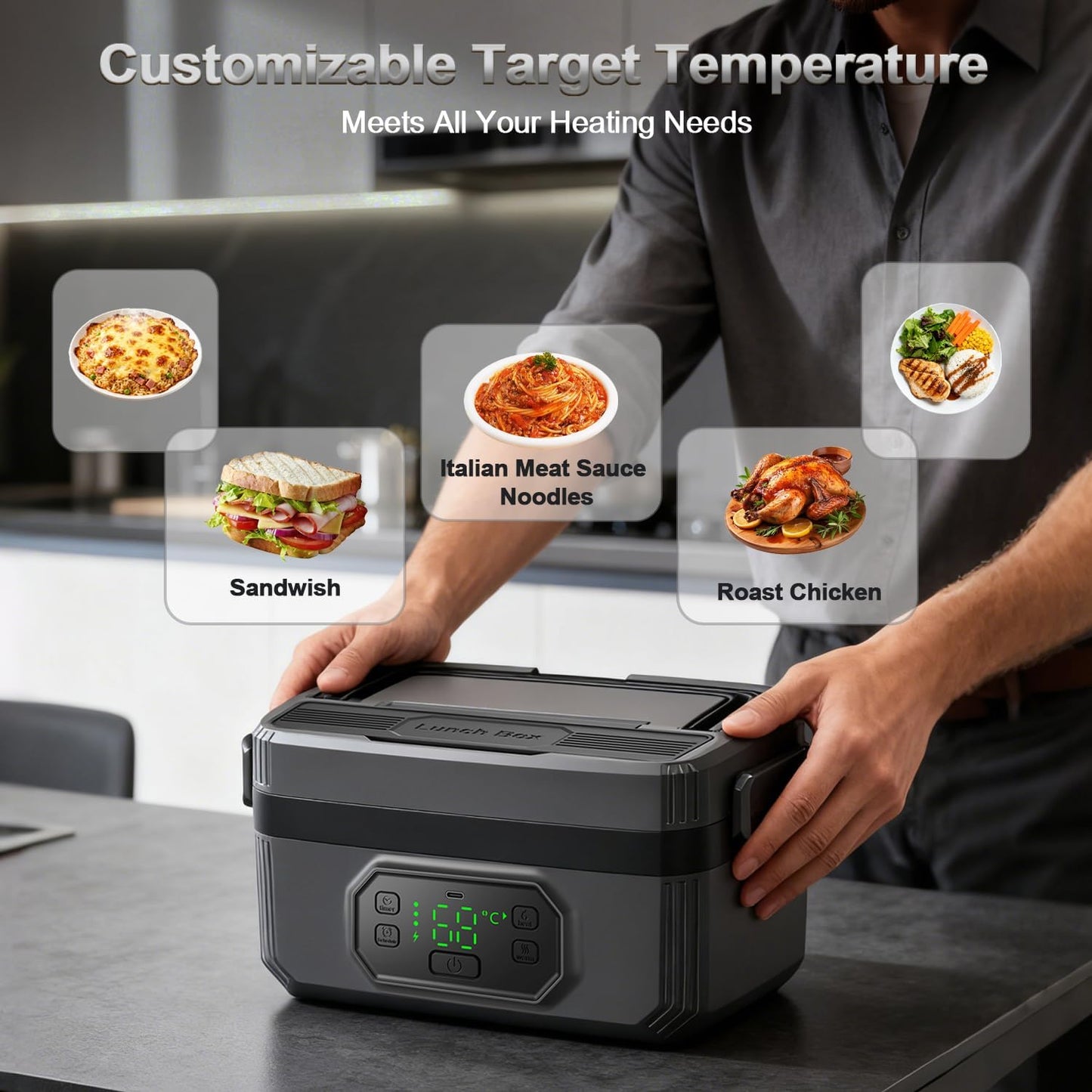 1.2L Cordless Electric Lunch Box - 21000mAh Heated Lunch Box Battery Powered with Automatic Heating, 9-Timer & 5-Temp Setting, Leakproof 304 Stainless Steel Container, Perfect for Office/Truck/Outdoor