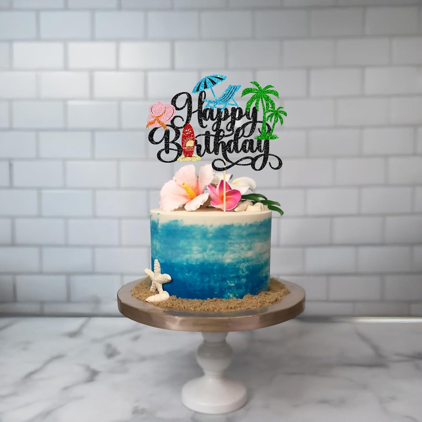 Gyufise 1Pcs Summer Beach Happy Birthday Cake Topper Glitter Ball Tree Umbrella Pool Cake Pick for Hawaiian Holiday Baby Shower Birthday Party Cake Decorations Supplies Black