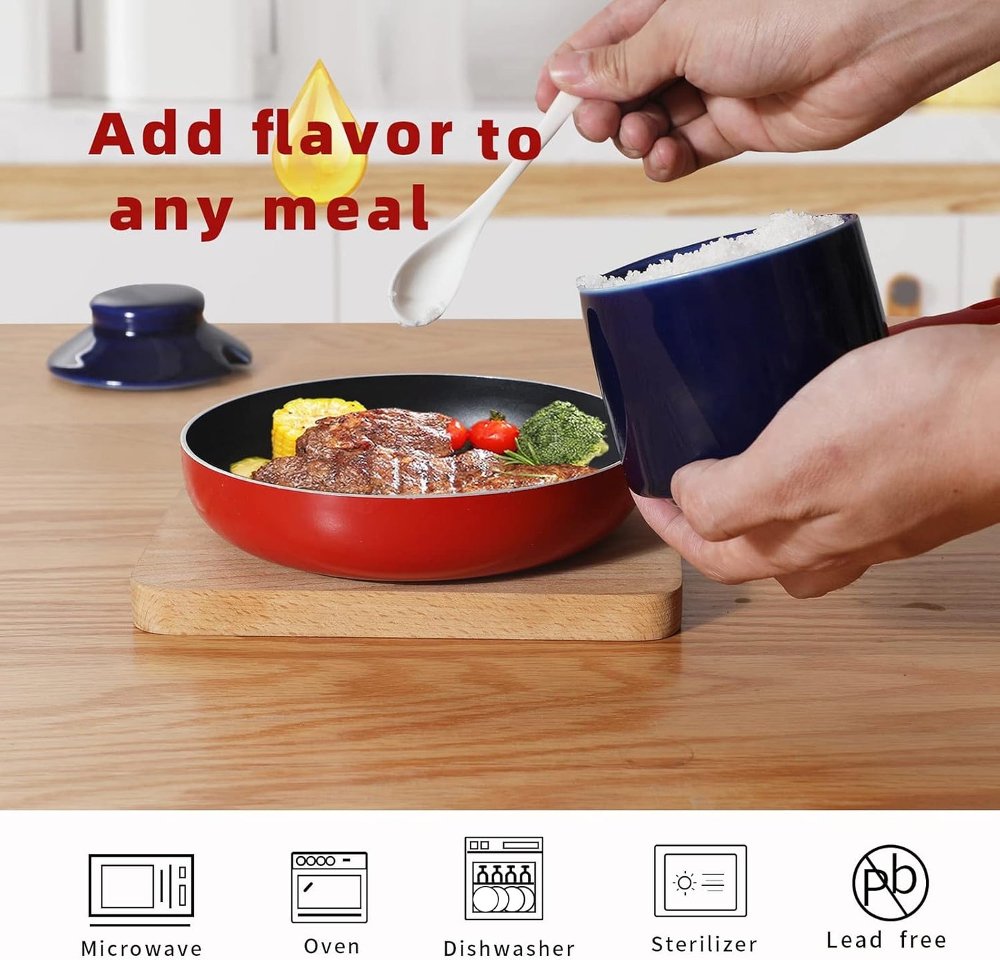 ONTUBE Ceramic Sugar Bowl with Lid and Spoon Set of 2,Porcelain Seasoning Box Salt Bowl with Tray,8oz (Navy)