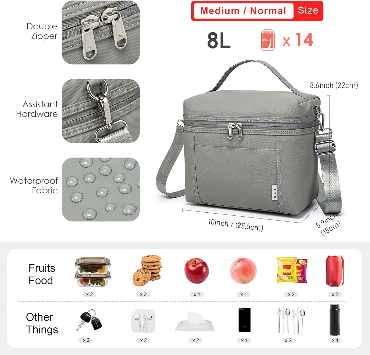 NOL Natural Organic Lifestyle Insulated Lunch Bags for Women Cooler Bag Lightweight Nylon Waterproof Lunch Box For Work (Cool gray, Medium(normal))