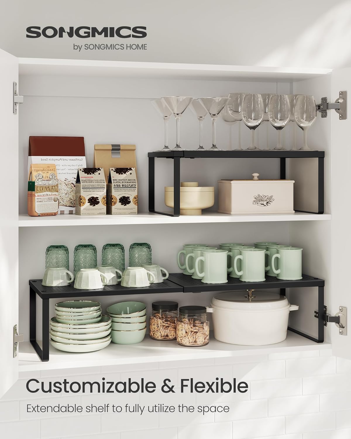 SONGMICS Set of 2 Expandable Pantry Kitchen Organizers, Adjustable Spice Rack, Stackable Cabinet Organizers, Metal, Space-Saving Tabletop Shelves, Matte Black UKCS402B01