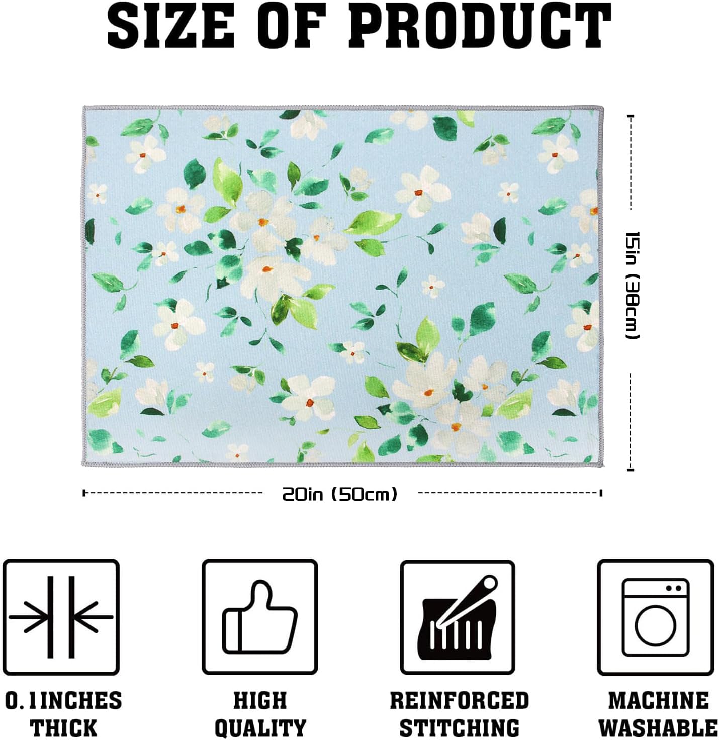 2 Pack Jasmine Dish Drying Mats For Kitchen Counter, Floral Print Dish Drying Mat - 20x15 inches, Absorbent Kitchen Counter Drying Mat, Dish Mat, Fast Drying