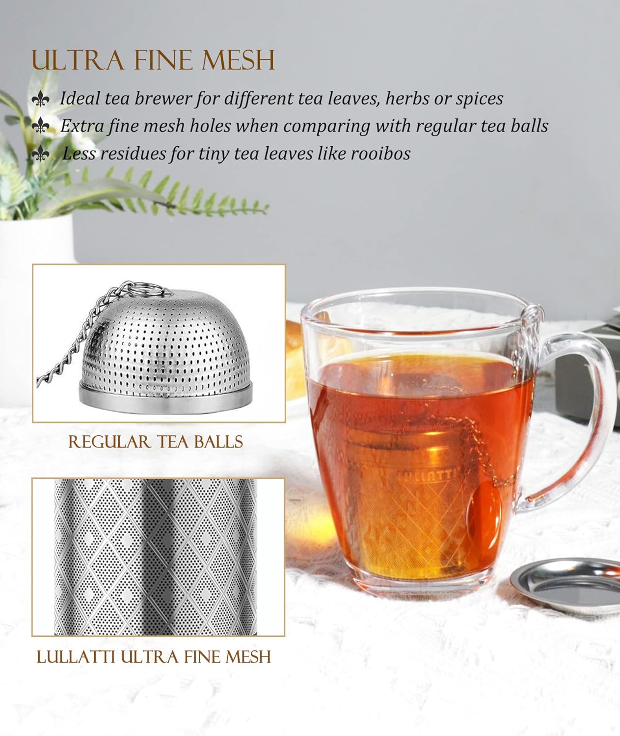 Tea Infuser (1 Pack), Extra Fine Mesh Loose Leaf Tea Steeper with Diamond Pattern & Extended Long Chain, 18/8 Stainless Steel Tea Ball Strainer for Brewing All Kinds of Tea