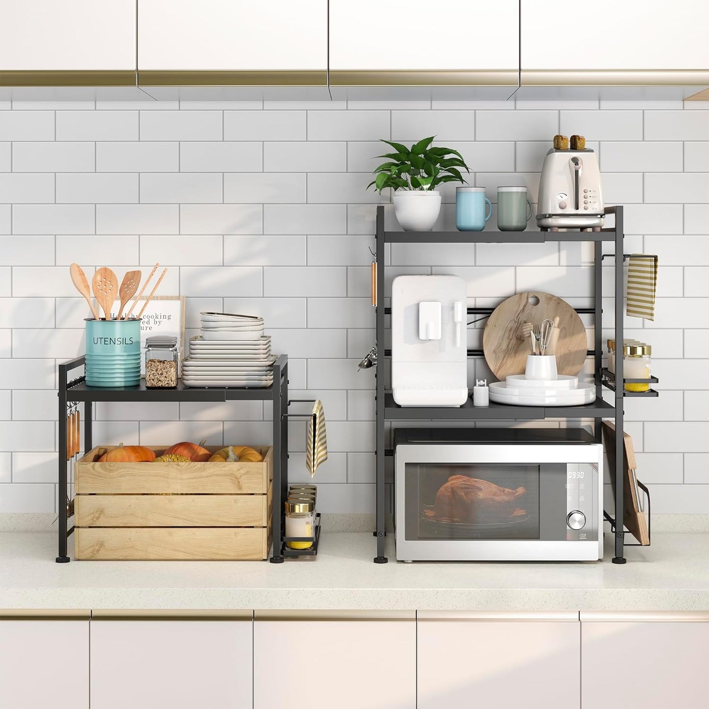 DOLALIKE Microwave Oven Rack, Expandable Microwave Stand Countertop Kitchen Utensils Tableware Storage, Carbon Steel Over Microwave Shelf Countertop with 6 Hooks