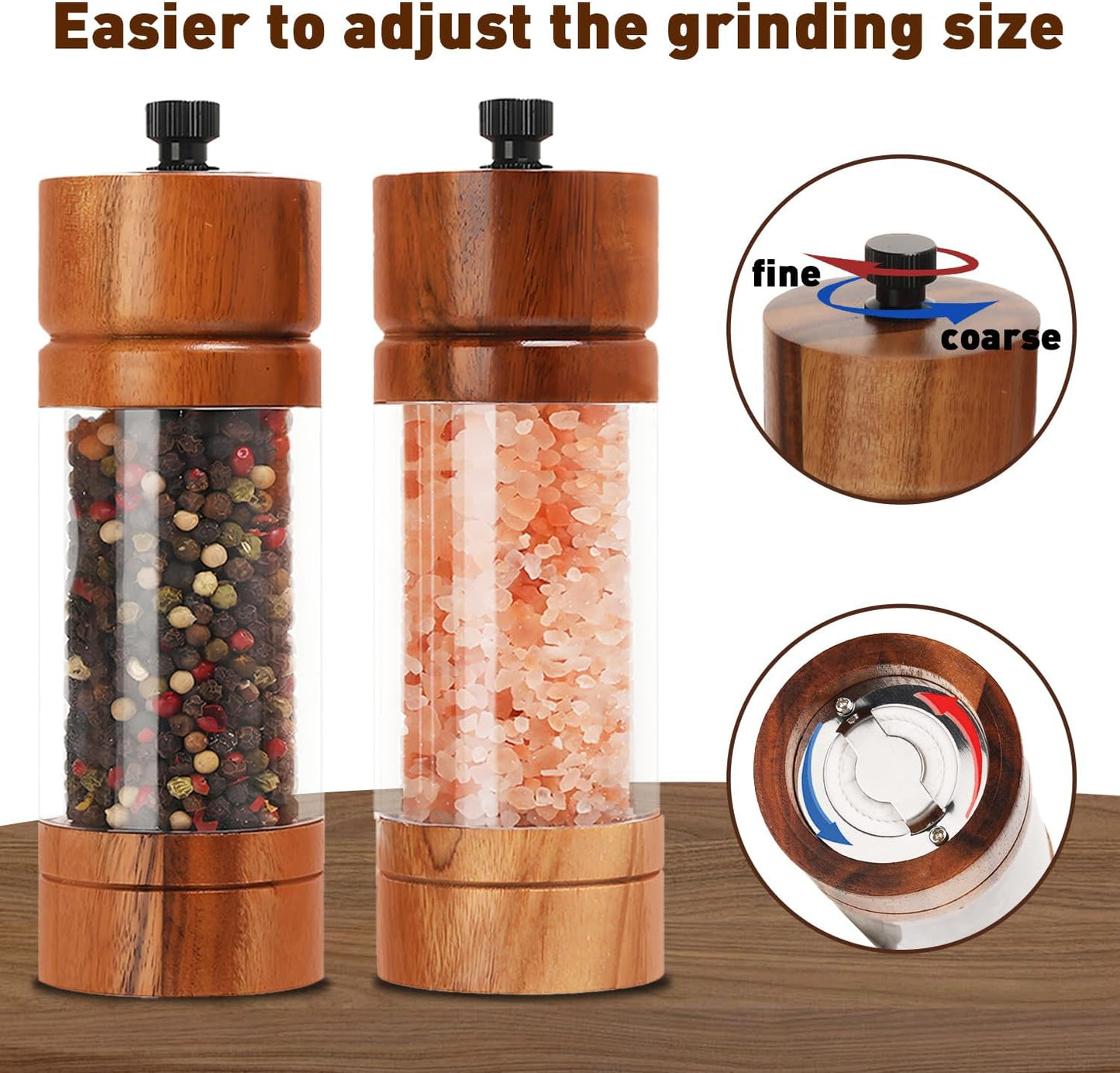 2 Pack 5.5 Inch Wood Salt and Pepper Grinder Set, Premium Acrylic Salt and Pepper Grinder Set with a Adjustable Ceramic Rotor - Made of High-Grade Acacia Wood Material