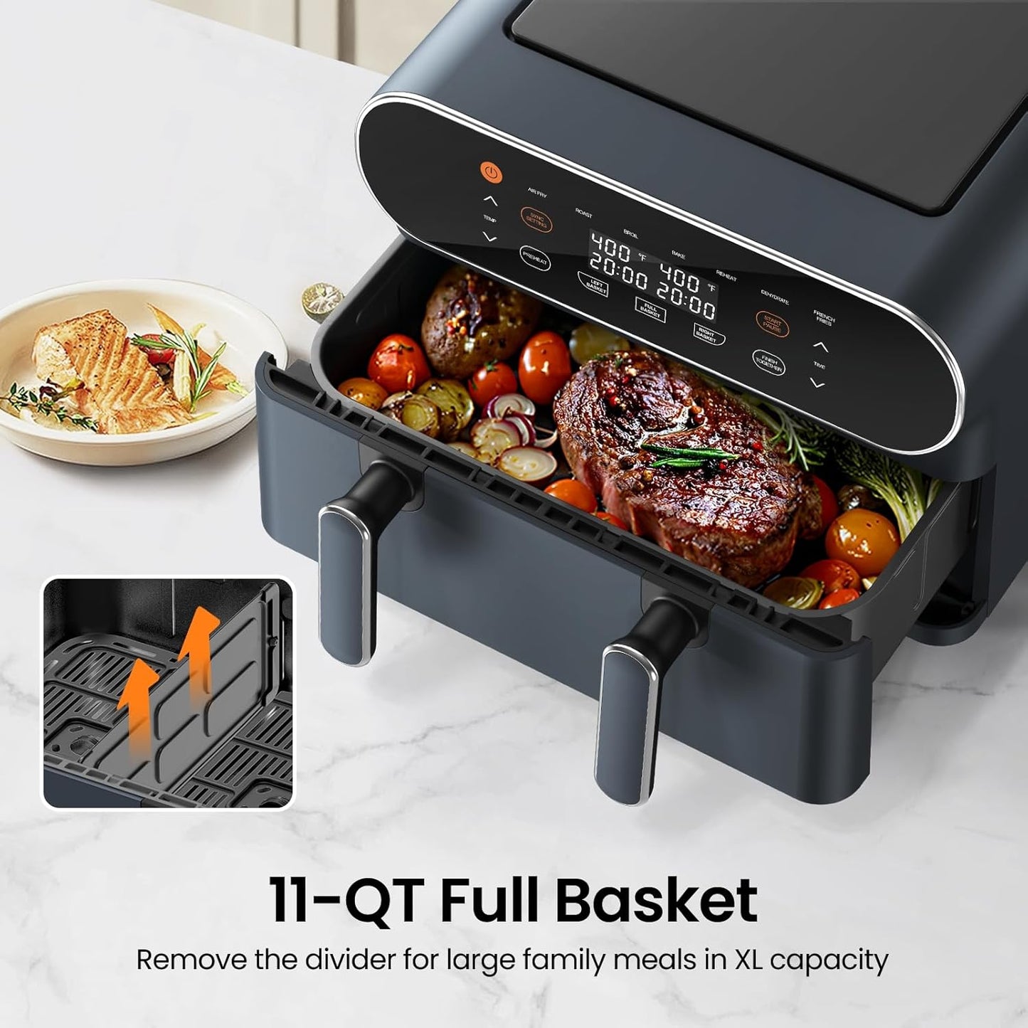 11-QT Large Air Fryer - 8 in 1 XL Airfryer with Flex Basket, Divider for Dual Cooking, Preheat, Air Fry, Roast, Broil, Bake, Reheat, Dehydrate, French Fries Dishwasher Safe, Gray