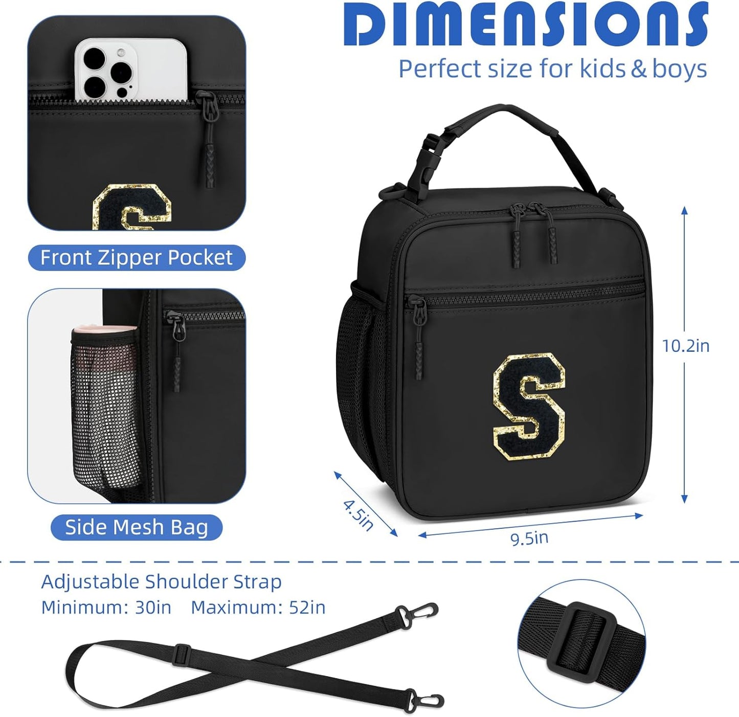 Initial Insulated Lunch Bag for Boys Kids, Back to School Gift, Reusable Leak-proof Lunch Box with Adjustable Strap for School Daycare Travel Picnic（Black，S）