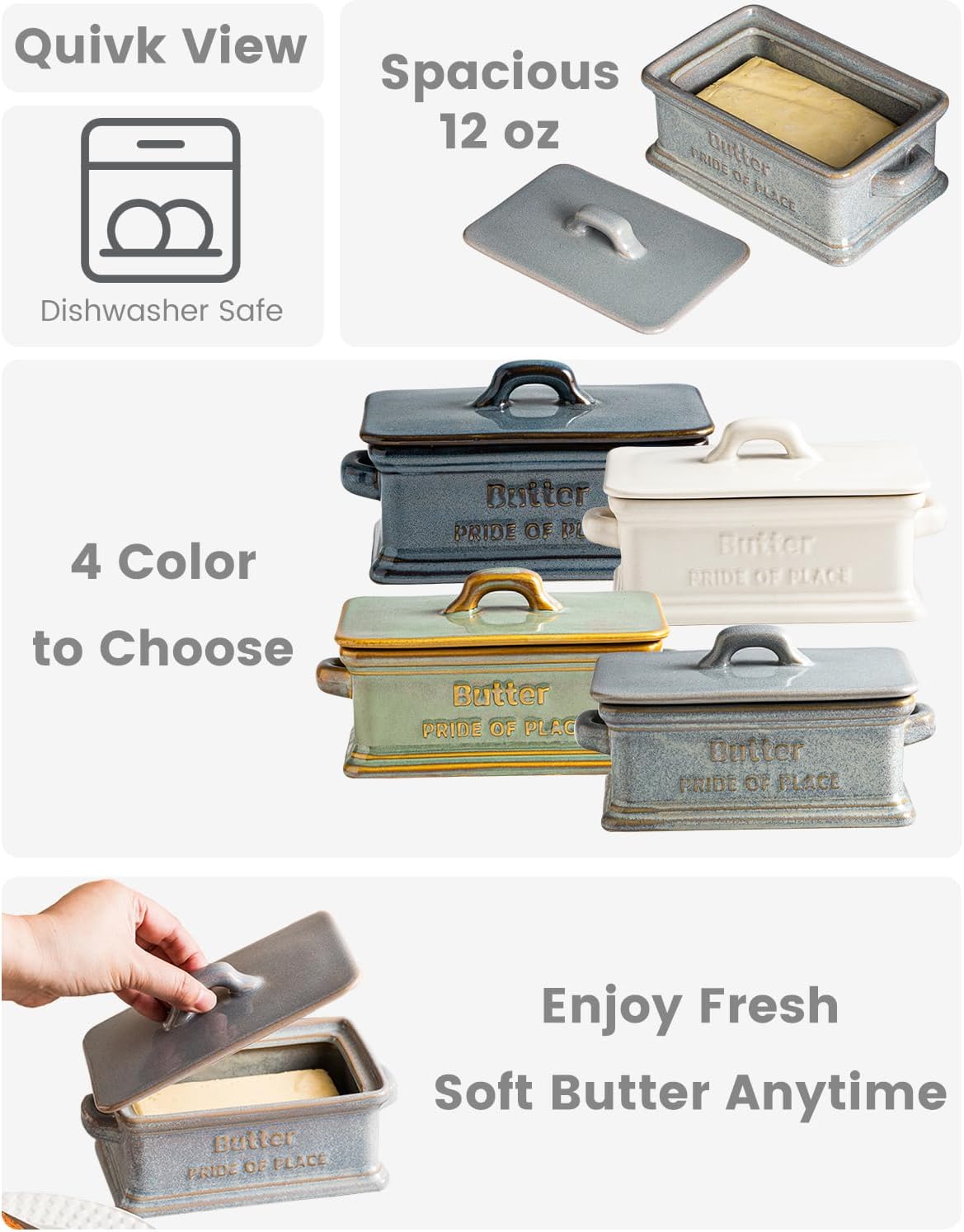 Butter Dish with Lid, Ceramic Butter Holder Container Large Butter Dish for Countertop Farmhouse Decor Butter Keeper for East West Coast Butter, Gray