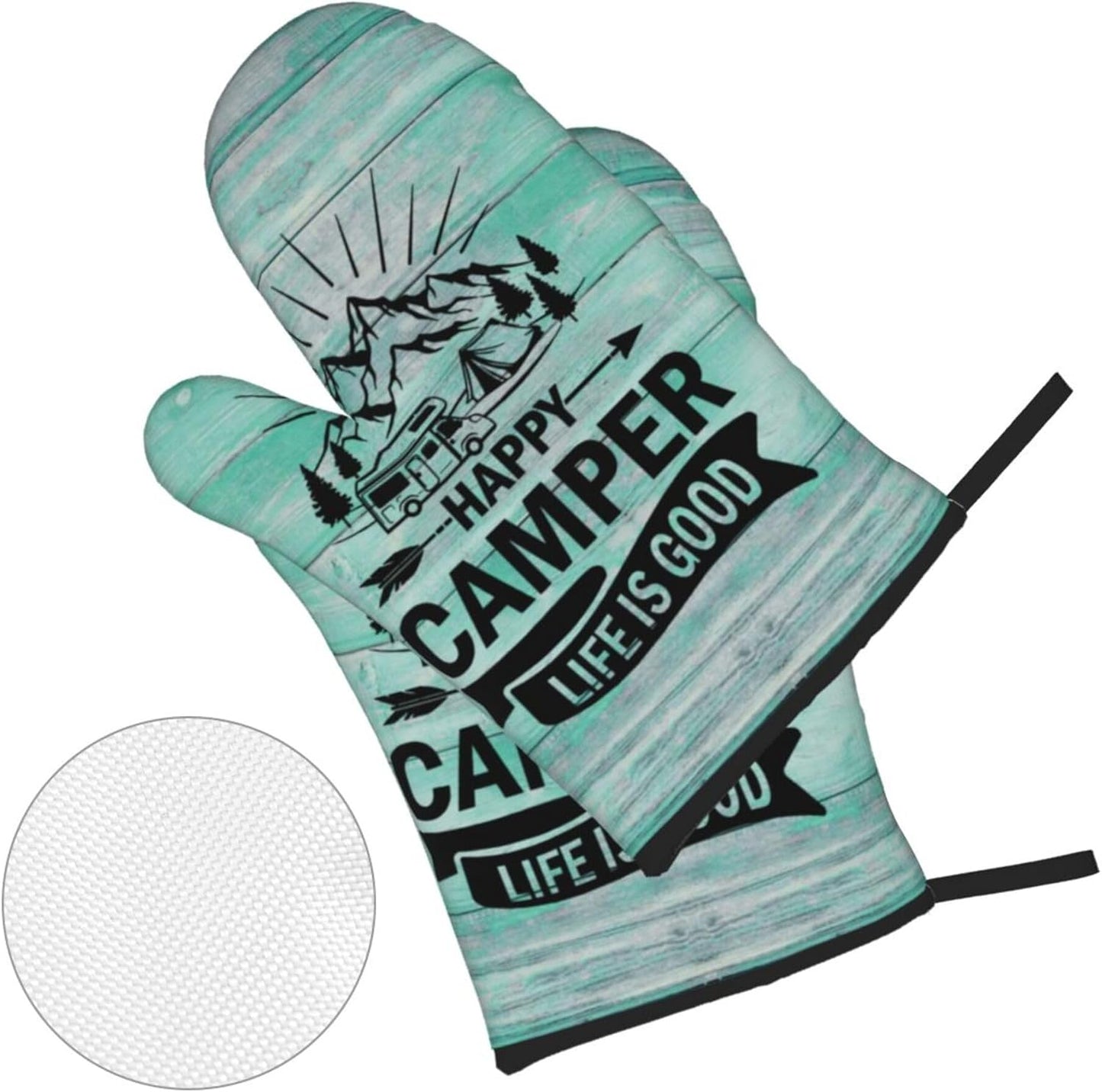 Happy Camper Oven Mitts and Pot Holders Sets of 4,Resistant Hot Pads with Polyester Non-Slip BBQ Gloves for Kitchen,Cooking,Baking,Grilling