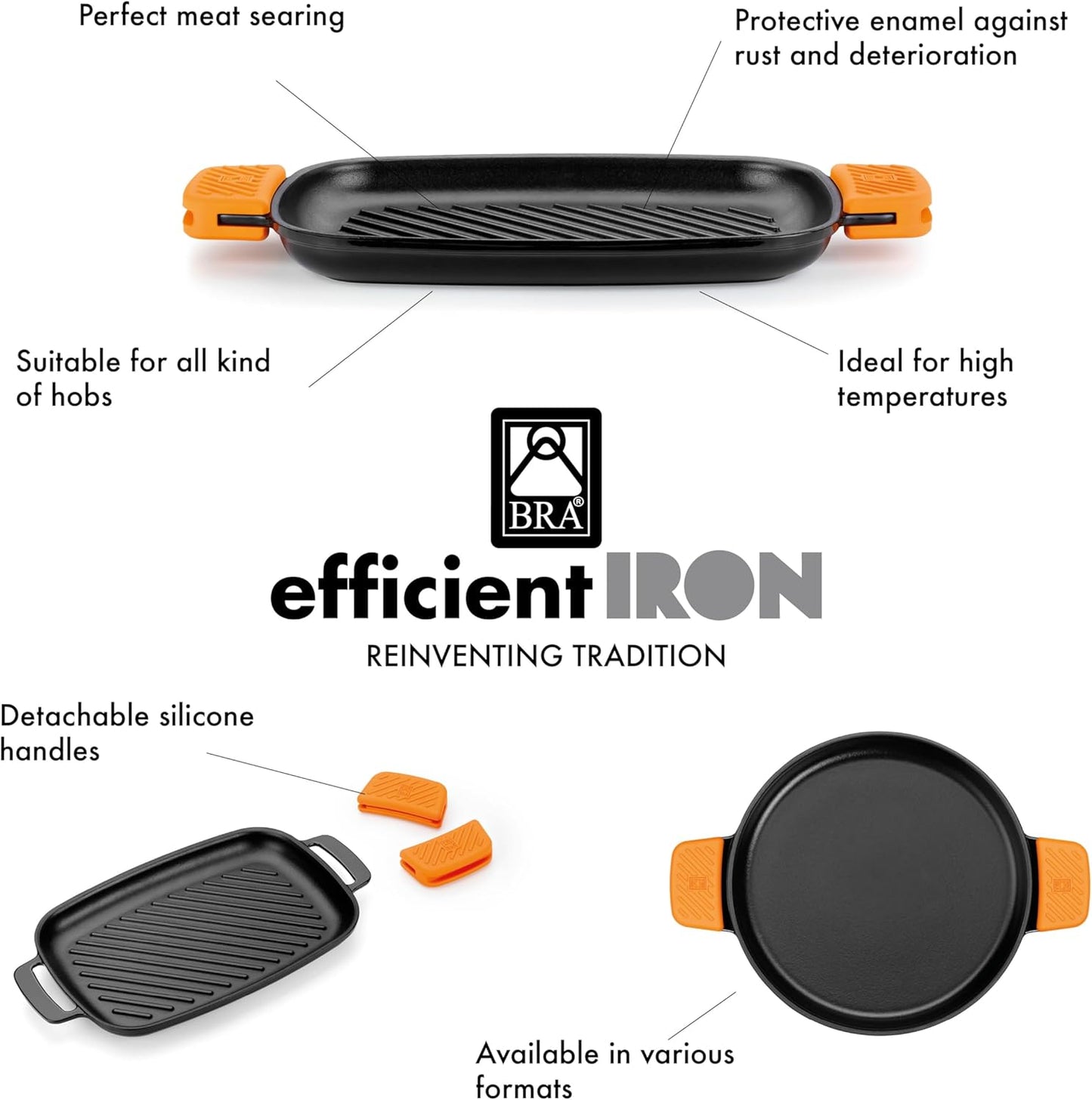 BRA COOKWARE Efficient Iron Rectangular Ribbed Grill | 13 inches x 8.7 inches Cast Iron Rectangular Griddle | All Heat Sources Compatible | PFOA Free | W/o Non-Stick | Silicon Handle | Non Deformable