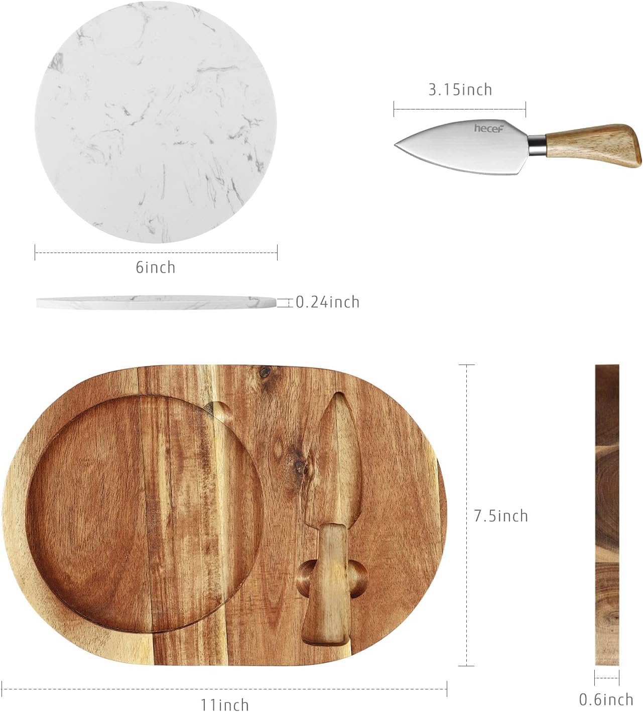 hecef Oval Wooden Cheese Board Set, Acacia Wood Cheese Serving Board with White Marble & Cheese Knife, Cheese Serving Tray for Cheese, Cake, Appetizers