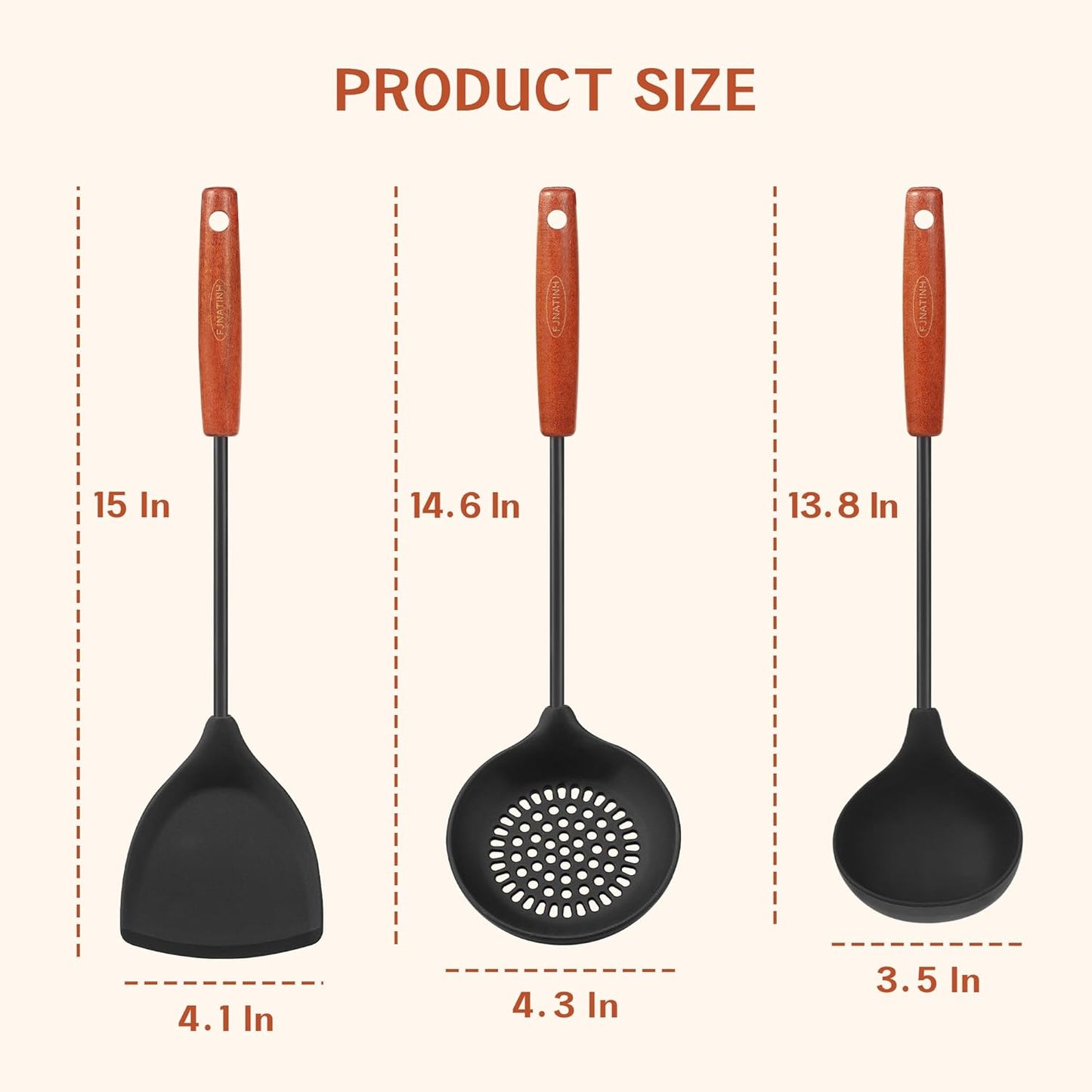 FJNATINH Wok Tools, Wok Utensil,Wok Spatula,Ladle,Skimmer Tool Set,Non Stick Heat-Resistant Silicone Cooking Utensils BPA Free Kitchen Utensils Cookware, Pack of 3,Black
