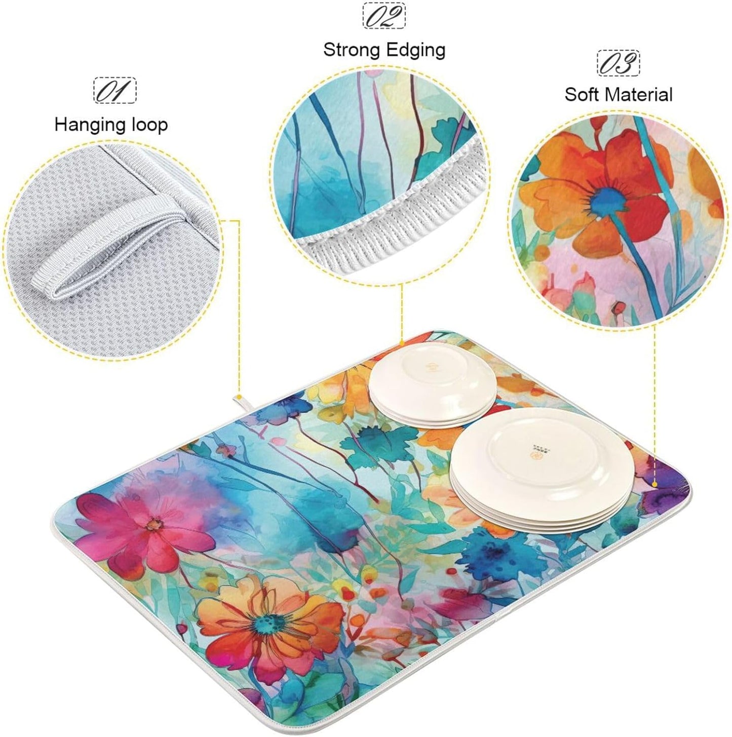 Colorful Beautiful Flowers Dish Drying Mat for Kitchen Counter Absorbent Microfiber Drying Pad, Large 18x24 in, Reversible Drainer Mats