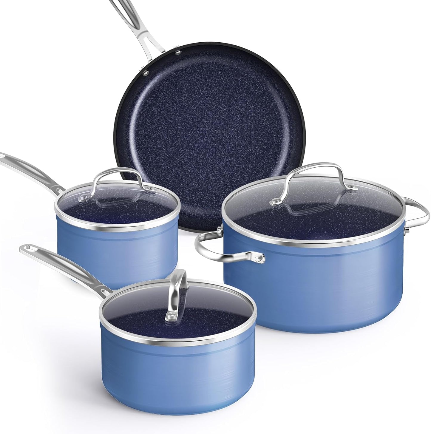 Nuwave Healthy Duralon Blue Ceramic Nonstick Coated 7pc Cookware Set, Scratch-Resistant Diamond Infused, PFAS Free, Induction Ready & Evenly Heats, Oven Safe, Tempered Glass Lids