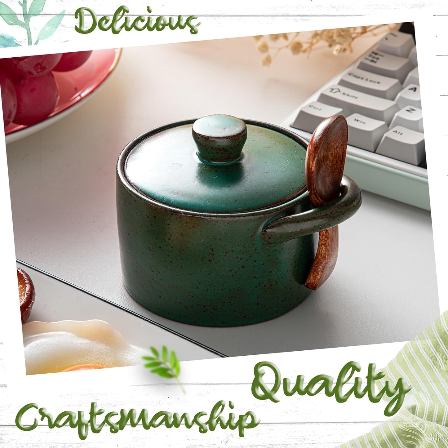 Honeydak Speckled Ceramic Salt Cellar with Lid and Wooden Spoon, Rustic Farmhouse Salt Pepper Cellar Holder for Housewarming Gift, Heavyweight Spices Jar for Kosher, Sea, Sugar (Dark Blue)