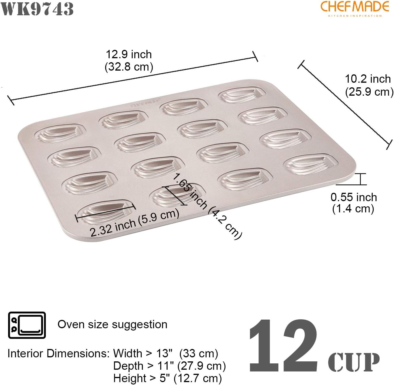 CHEFMADE Mini Madeleine Mold Cake Pan, 16-Cavity Non-Stick Tiny Oval Shell Madeline Bakeware for Oven Baking (Champagne Gold)