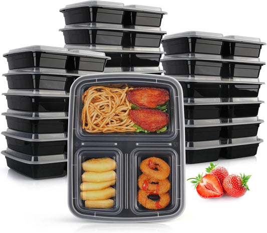 32oz Meal Prep Containers 3 Compartment: 20 Pack Plastic To Go Food Containers Reusable, Leakproof Food Storage with Lids for Takeout, BPA-Free, Microwave/Dishwasher/Freezer Safe