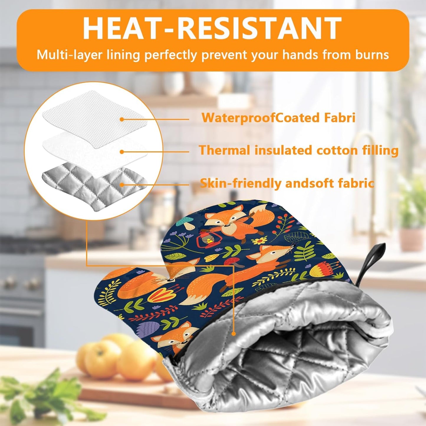 Cute Fox Oven Mitts and Pot Holders Sets 4Pcs,Extra Long Oven Gloves Potholder for Kitchen Cooking Baking BBQ 100% Cotton Heat Resistant