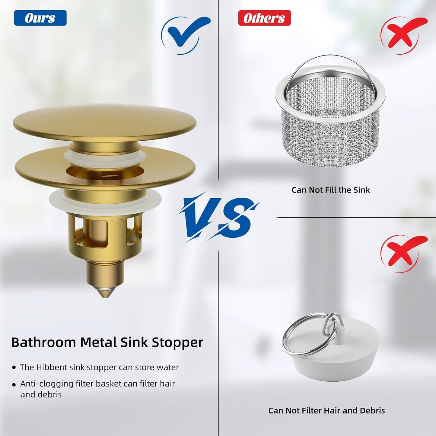 Hibbent 2 Pack All Metal Bathroom Sink Stopper, Universal Pop Up Drain Strainer, Brass Bullet Core Push Type Sink Stopper for 1.1''~2.3'' Basin, Big Push Button, Anti Clogging Filter, Brushed Gold