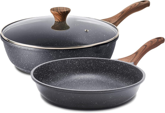 SENSARTE Nonstick Frying Pan Skillets, Swiss Granite Coating Omelette Pans, Healthy Cookware Chef's Pan, Free of Intentionally Added PFOA (8 Inch Frying Pan and 3.5QT Saute Pan)